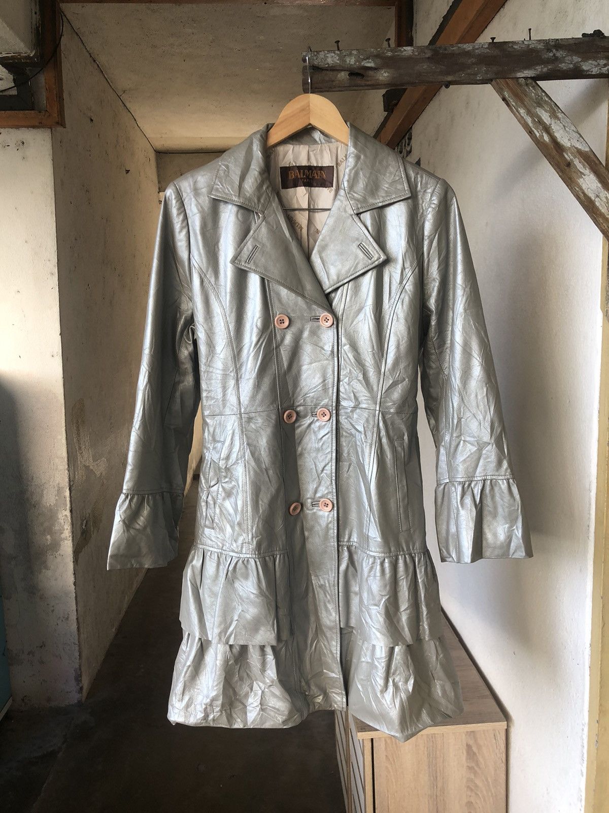 Balmain Vintage Balmain Paris Silver Leather Long Coat Size M / US 6-8 / IT 42-44 - 1 Thumbnail