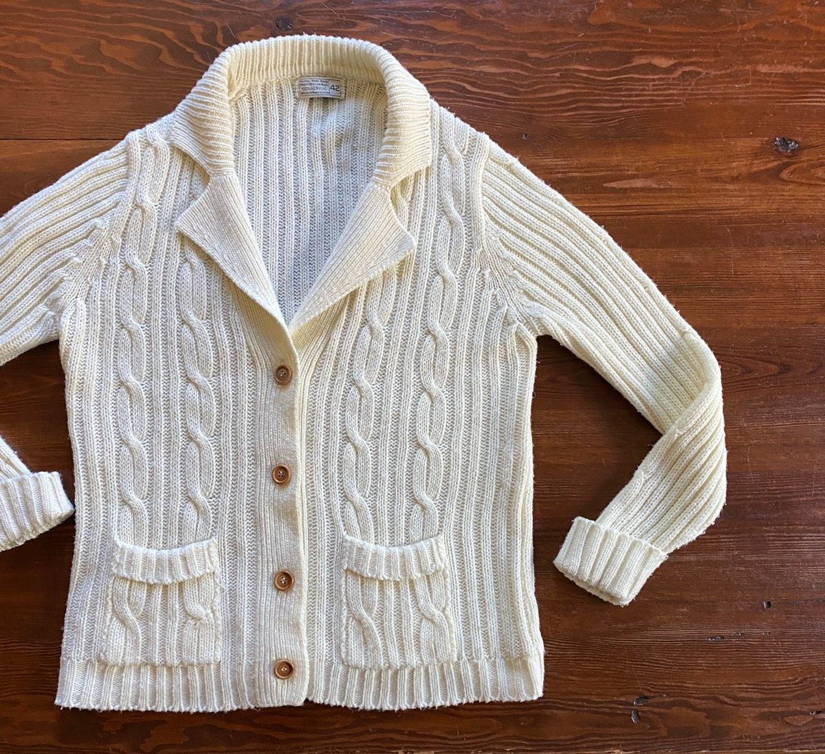 Pre-owned Cardigan X Vintage 70's Cream Cable Knit Collared Cardigan Sweater