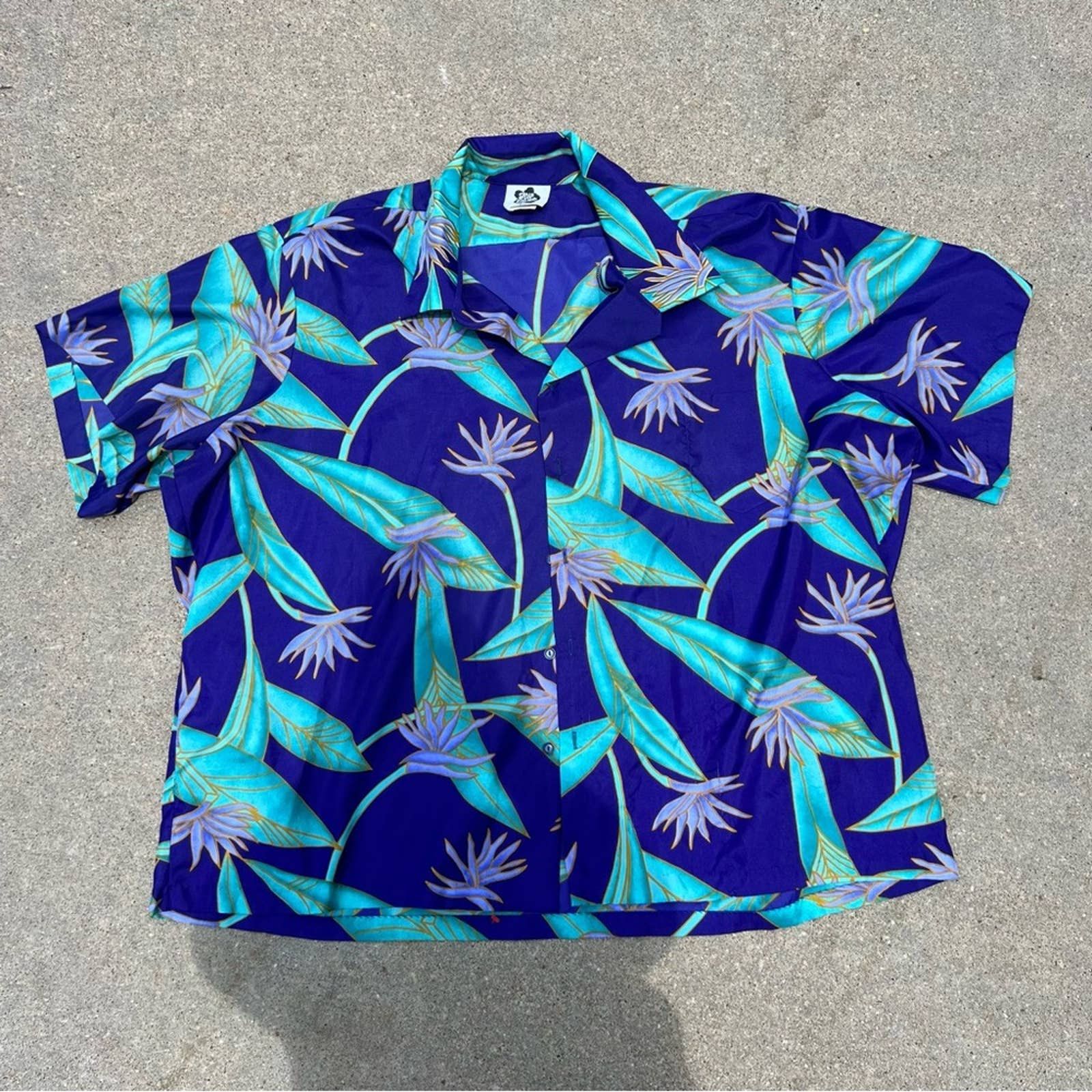 Hilo Hattie Hilo Hattie Silky Purple Teal Green Floral Hawaiian Shirt 