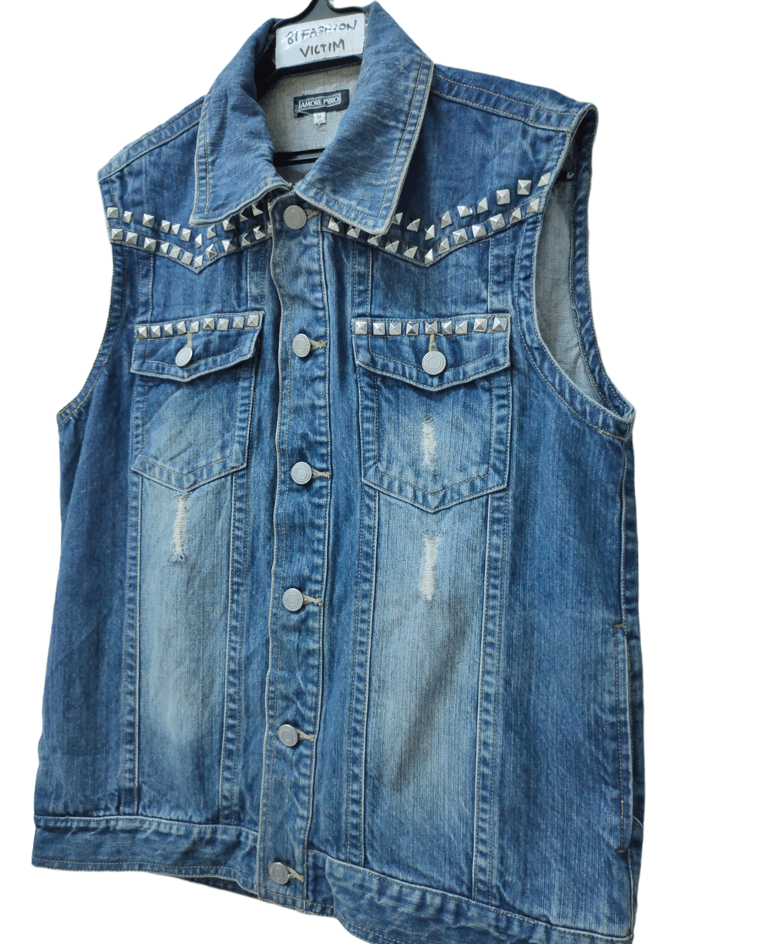 image of Denim Jacket x Distressed Denim Punk Amore Puro Seditionaries Studded Distressed Jacket in Blue, Wo
