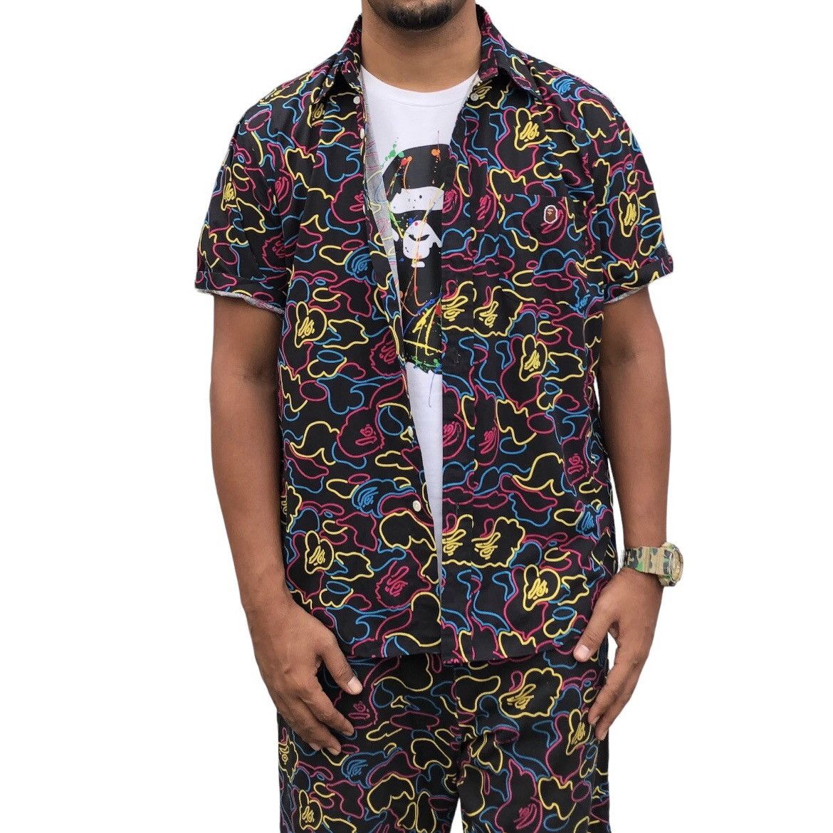 Bape Neon Camo Button Up S/S Shirt Size US M / EU 48-50 / 2 - 2 Thumbnail
