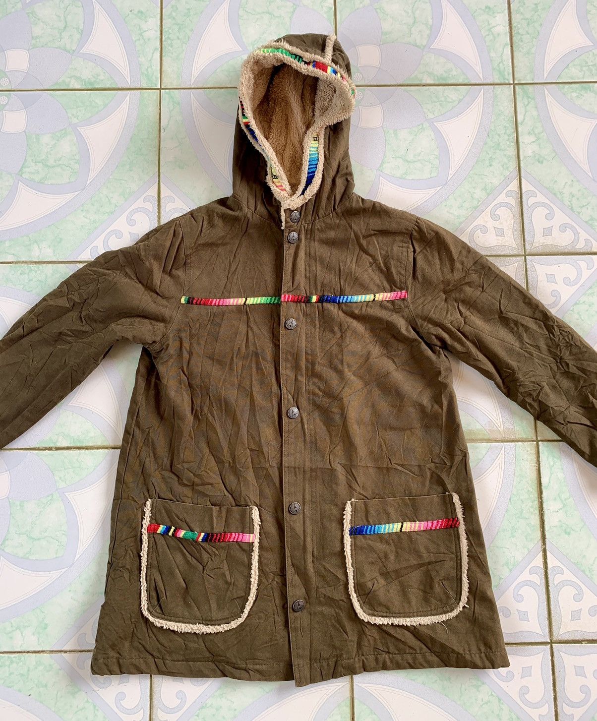 Titicaca Japan Ethnic Paneled Fleece-Lined Parka Olive