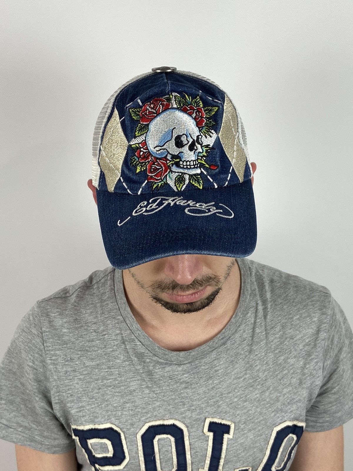 Christian Audigier Vintage Ed Hardy Christian Audigier Skull Rose Denim Cap Size ONE SIZE - 2 Thumbnail