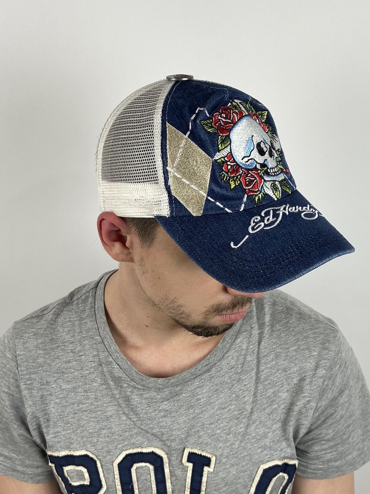 Christian Audigier Vintage Ed Hardy Christian Audigier Skull Rose Denim Cap Size ONE SIZE - 3 Thumbnail