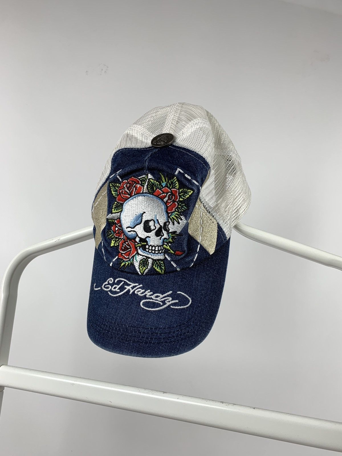 Christian Audigier Vintage Ed Hardy Christian Audigier Skull Rose Denim Cap Size ONE SIZE - 6 Thumbnail