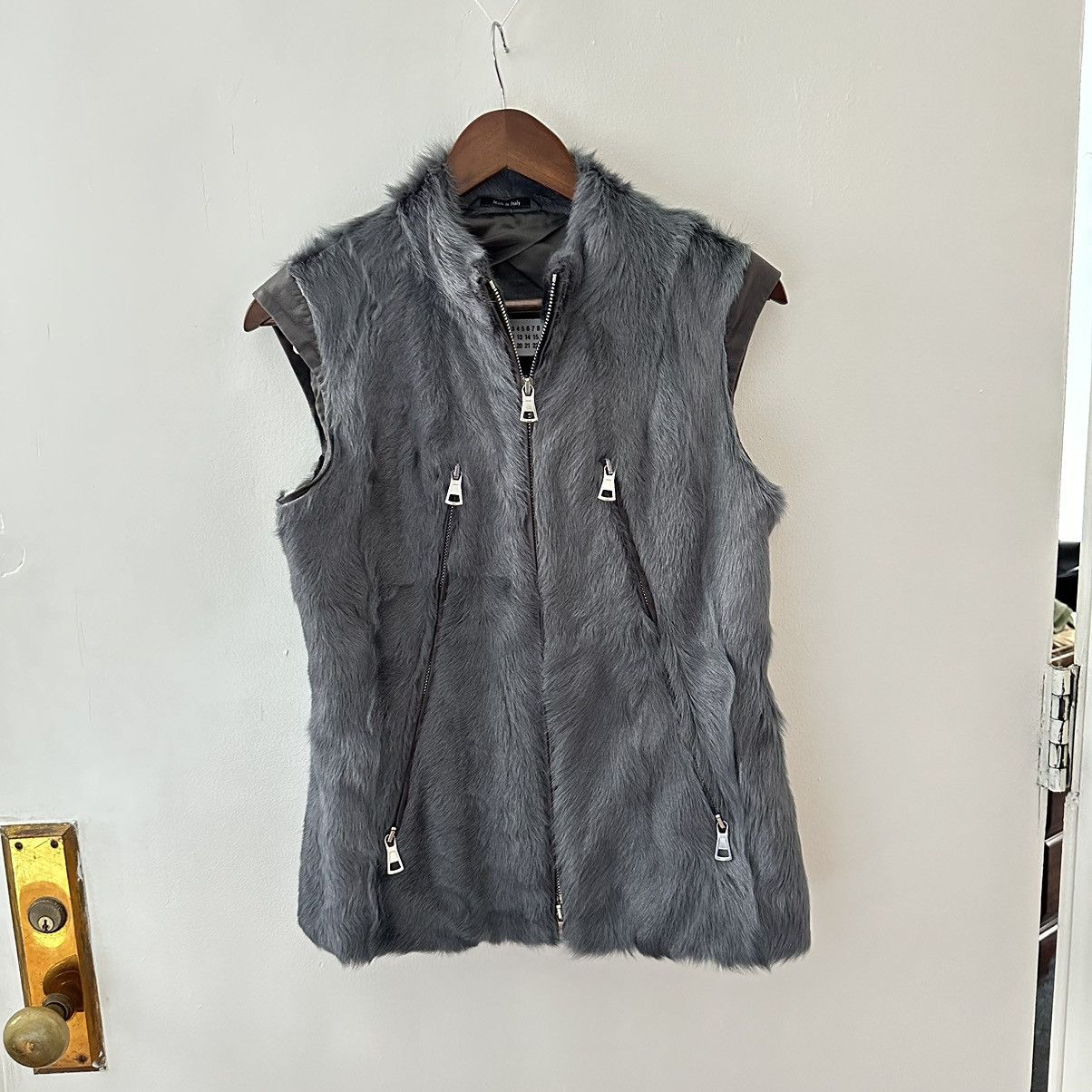 image of Maison Margiela Margiela 5 Zip Goat Fur Leather Vest, 42 in Grey, Men's (Size Small)