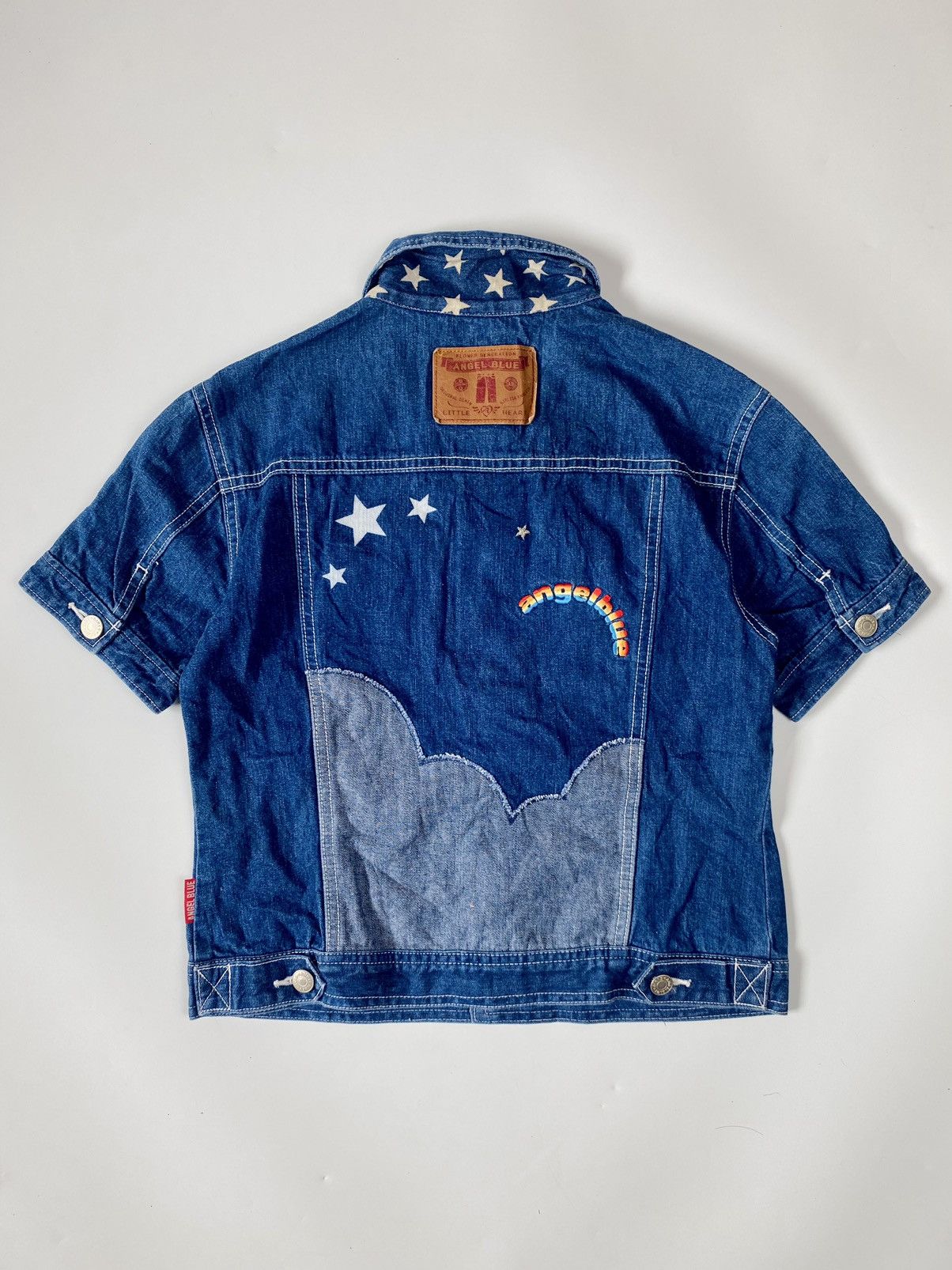 Image of Hysteric Glamour x Vintage Sendoffers0S Angel Blue Cloud Patchwork Denim Short Sleeve (Size Small)