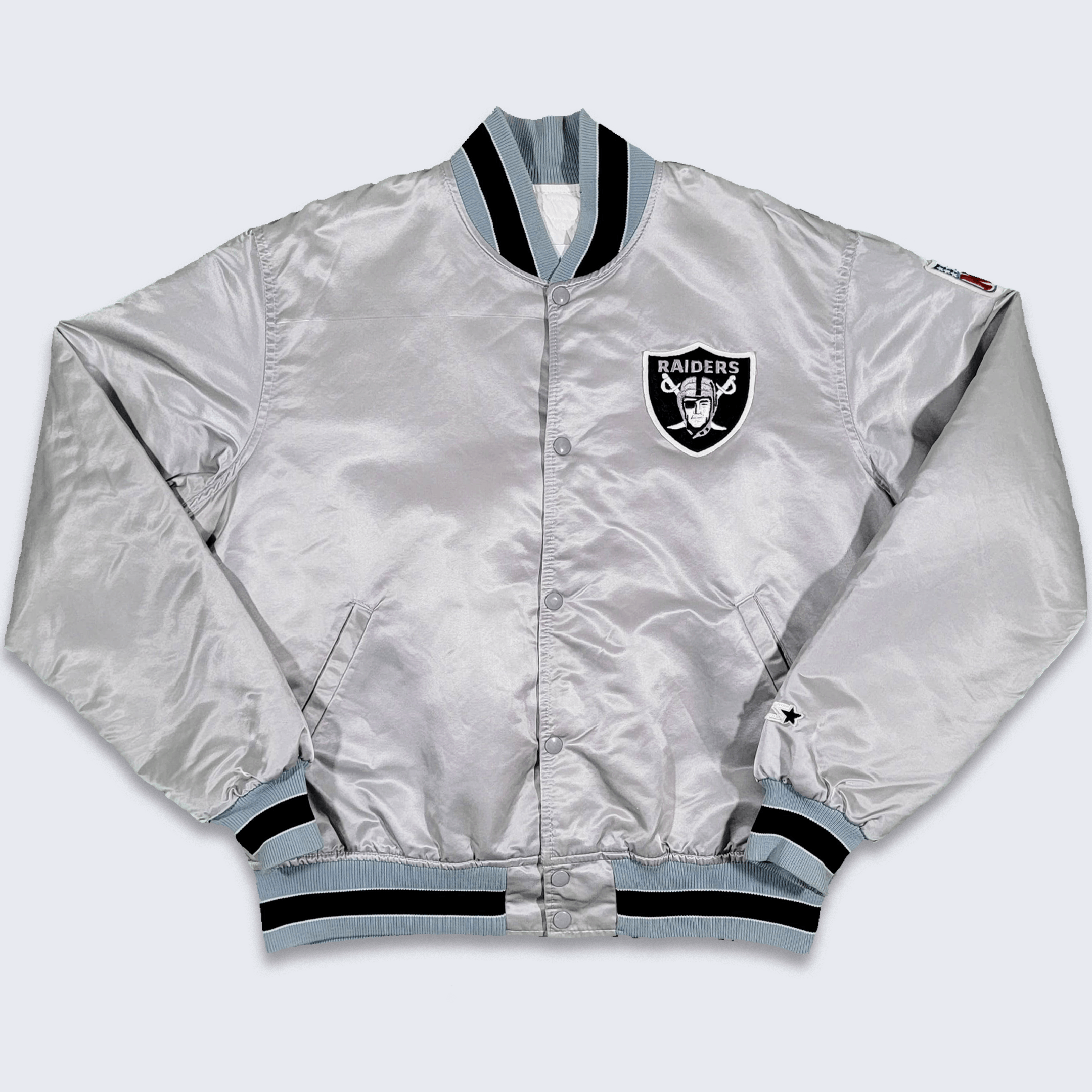 image of Bomber Jacket x Starter Los Angeles Raiders Vintage 80's Starter Silver Satin Jacket (Size Large)