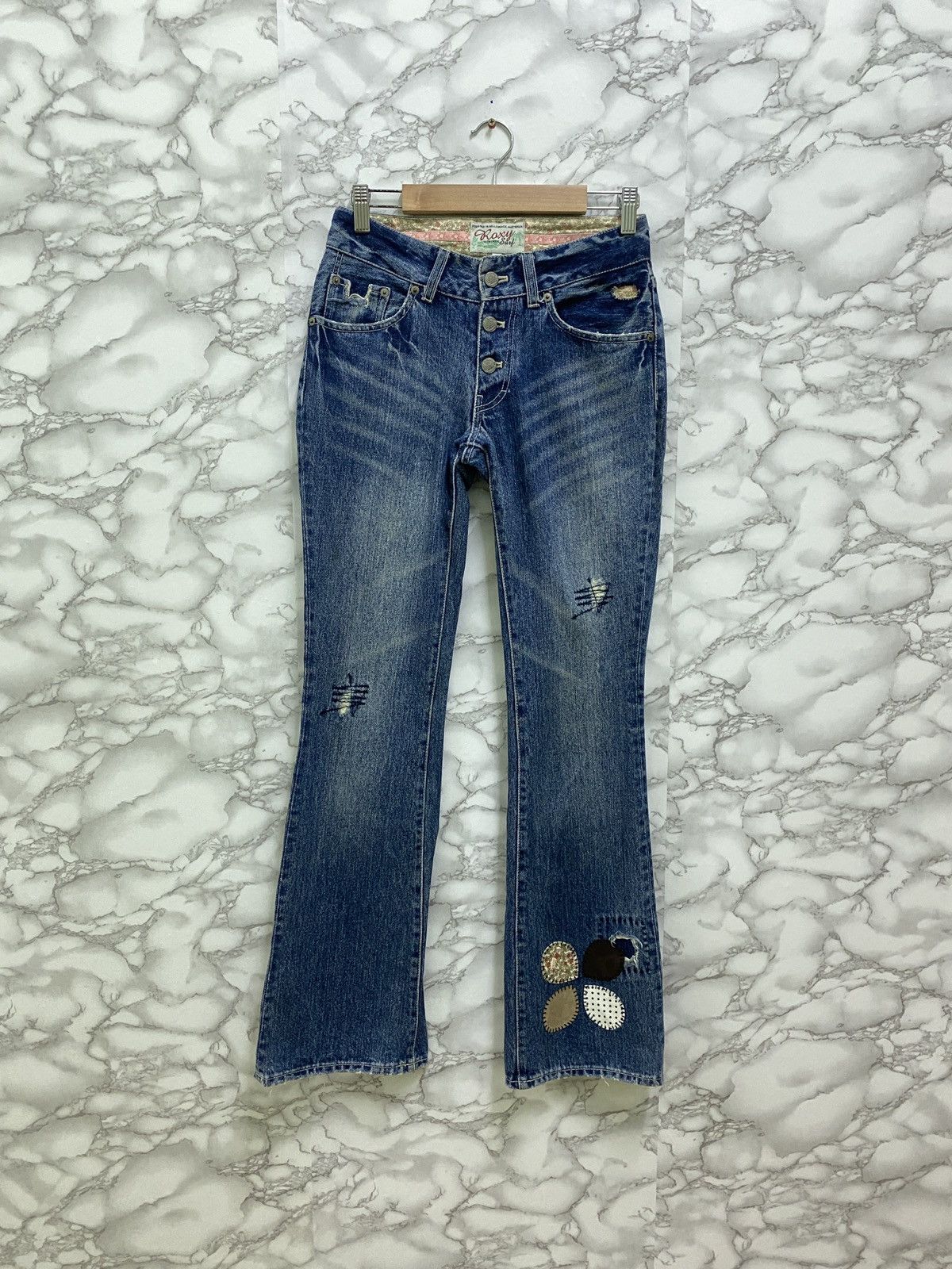 Vintage Roxy In Bell Beach Surf Patchwork Flared Denim Jean