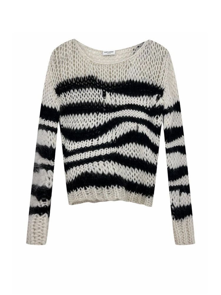 image of Saint Laurent Paris Saint Laurent Cracked Trash Distressed Wool Zebra Sweater in White/Black (Size 