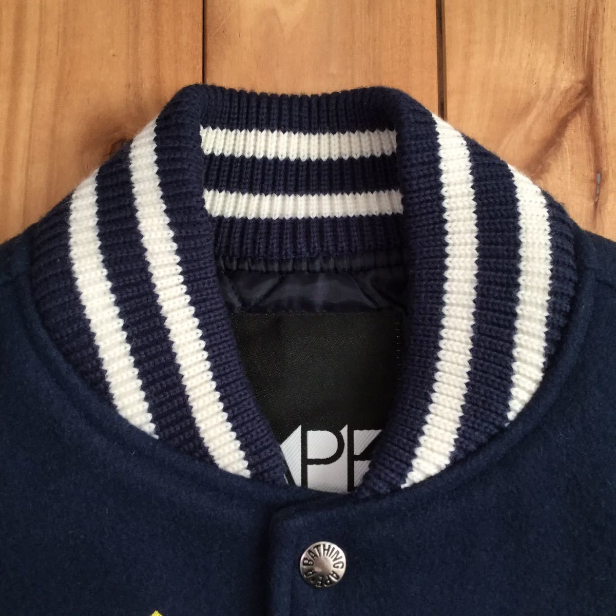 Bape BAPE Sleeve leather BAPE LOGO varsity jacket navy Size US L / EU 52-54 / 3 - 6 Thumbnail