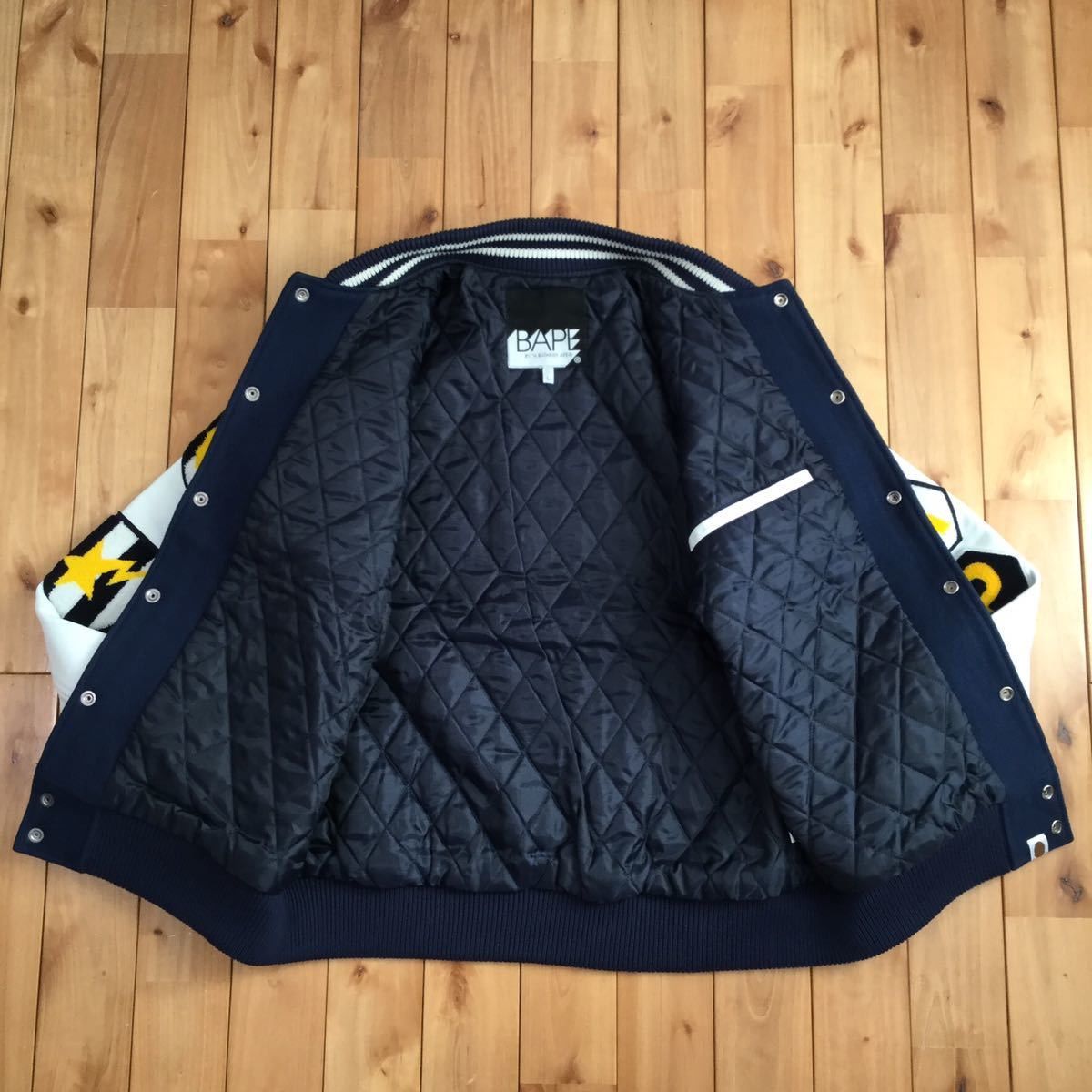 Bape BAPE Sleeve leather BAPE LOGO varsity jacket navy Size US L / EU 52-54 / 3 - 5 Thumbnail
