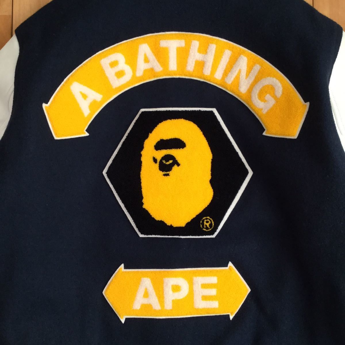 Bape BAPE Sleeve leather BAPE LOGO varsity jacket navy Size US L / EU 52-54 / 3 - 4 Thumbnail