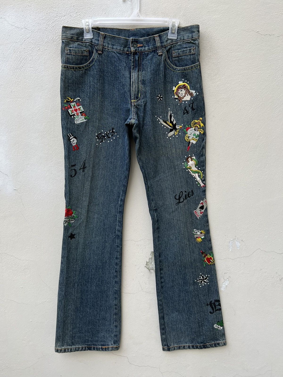 Vintage Semantic Design Japan Embroidery Denim Flare Jeans Size US 31 - 6 Thumbnail