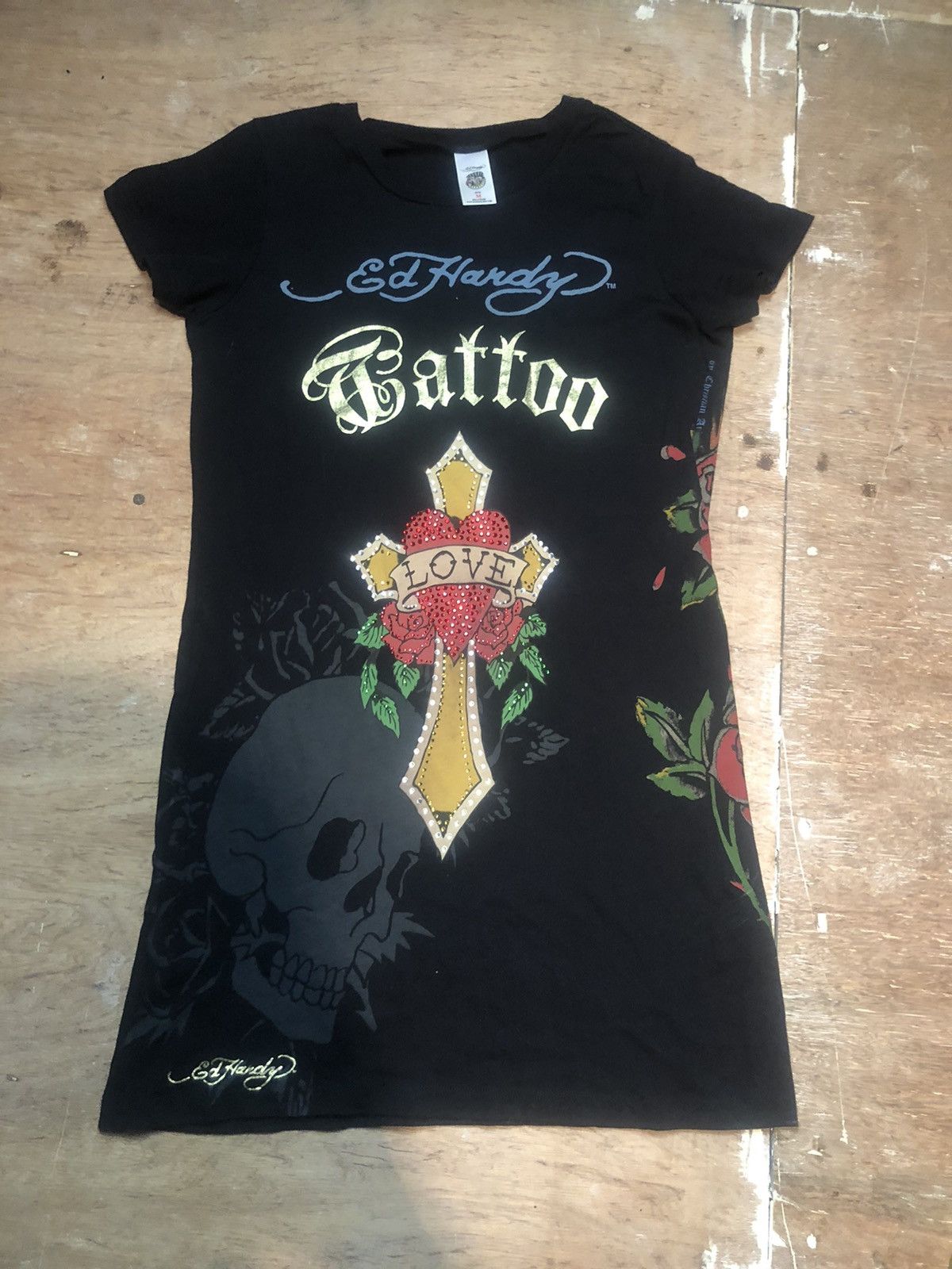 Vintage Ed Hardy long dress tee shirt floral skull rhinestone tattoo ...