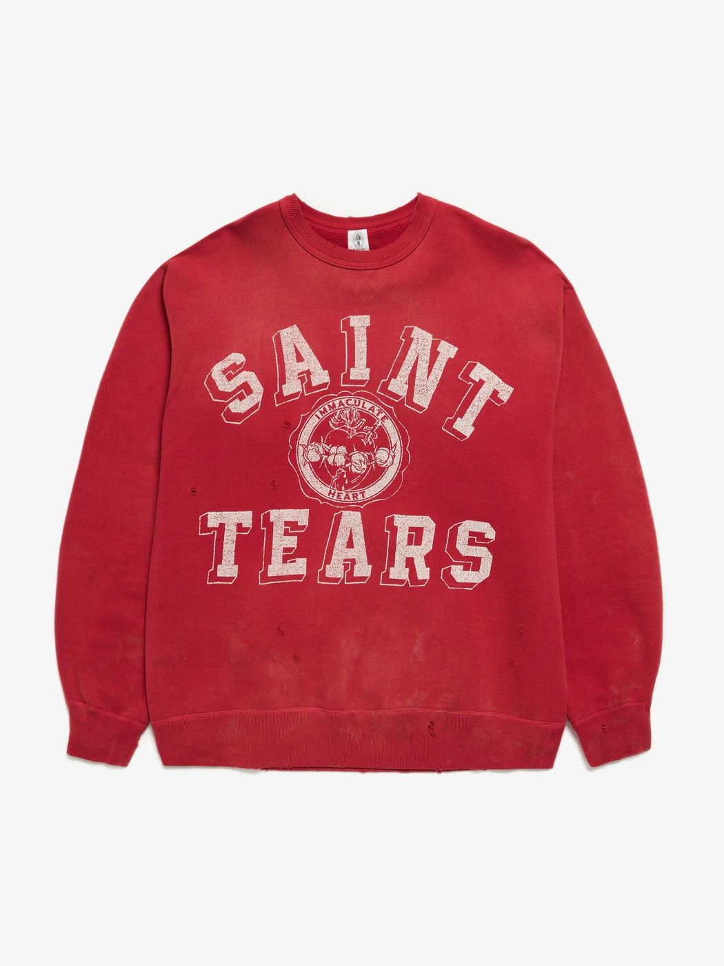 image of Saint Michael Red Saint Tears Print Ragged Insets Mud Effect Sweatshirt, Men's (Size Large)