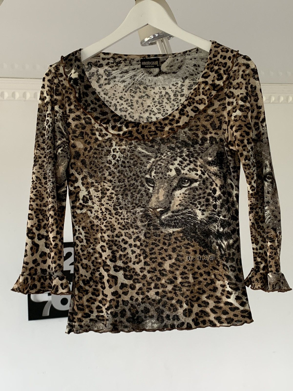 Image of Roberto Cavalli Tiger Full Print Mesh Top Blouse Y2K in Leopard, Women's (Size XS)