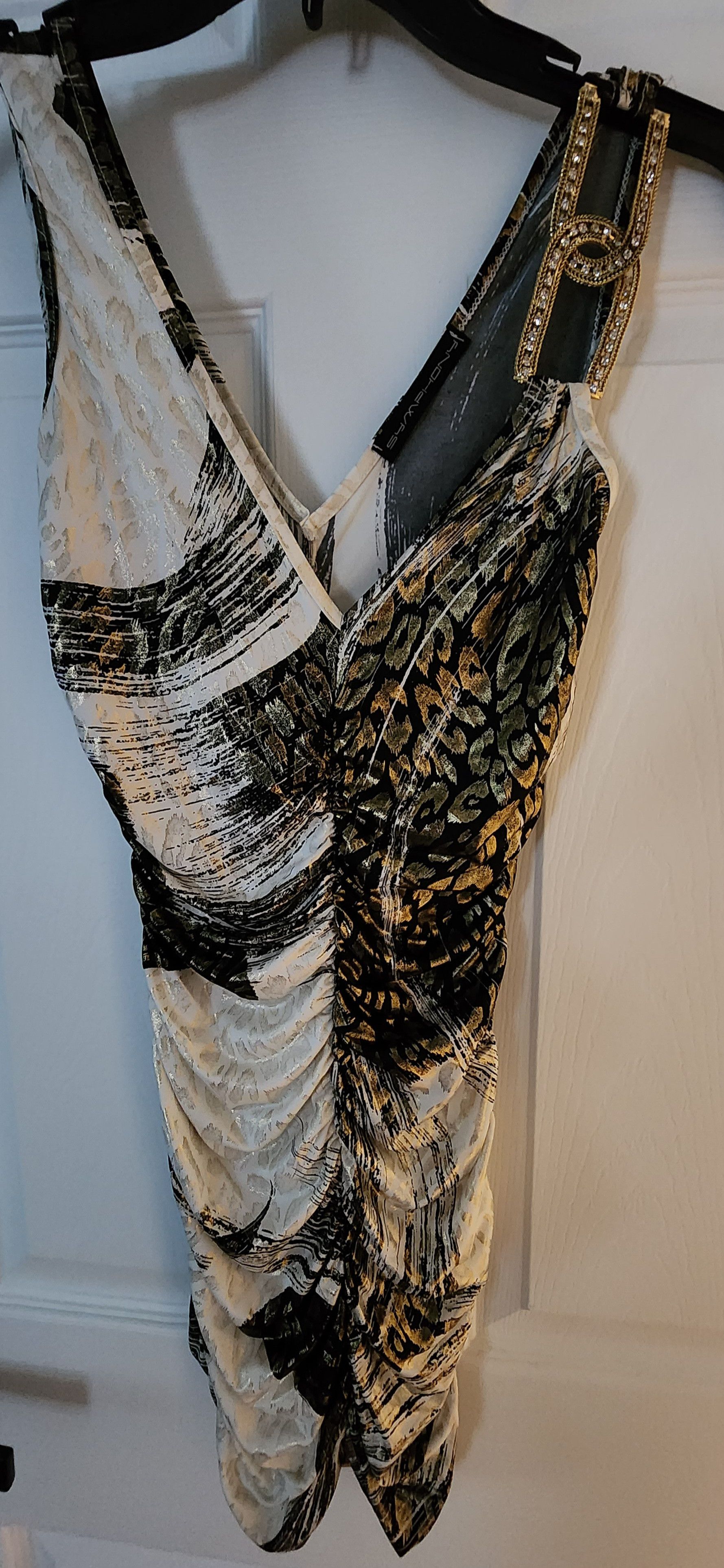Other Symphony Double Vneck White Gold Black Rhinestone Dress XS/S Size S / US 4 / IT 40 - 1 Thumbnail
