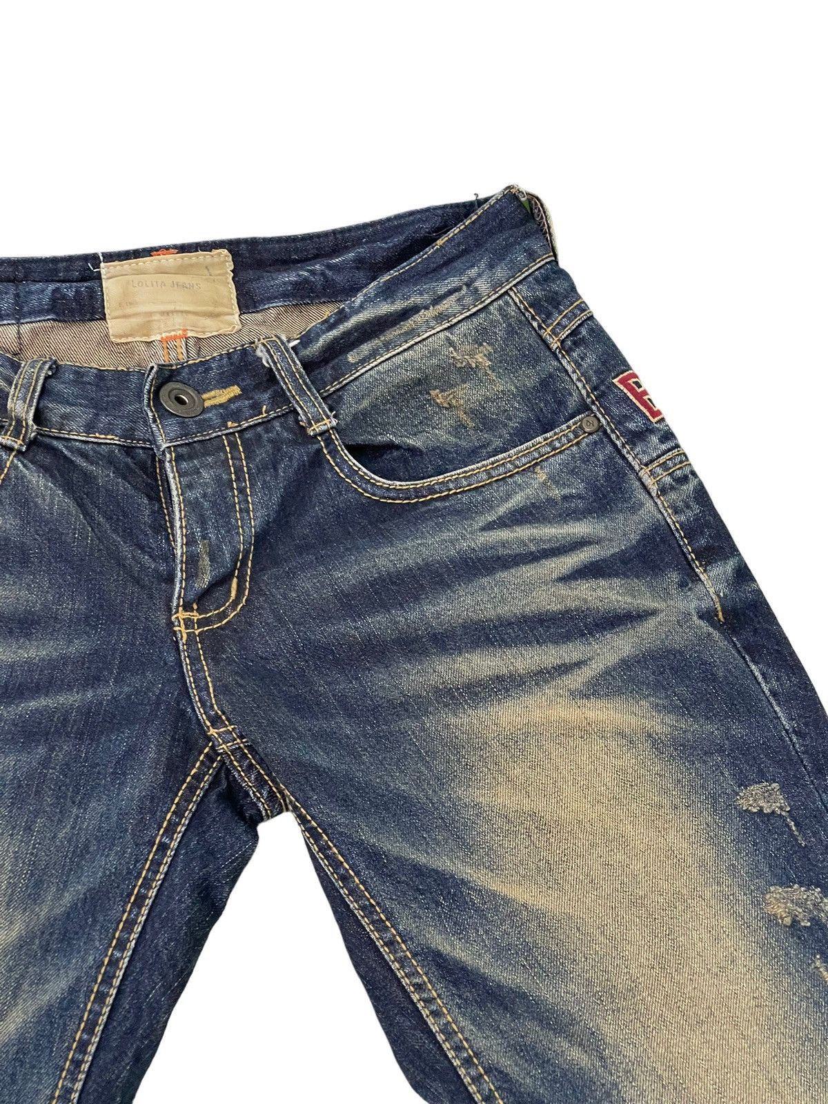 Japanese Brand Slim Jeans Lolita Distress Denim Embroydery 5🟦6 Size US 29 - 20 Thumbnail