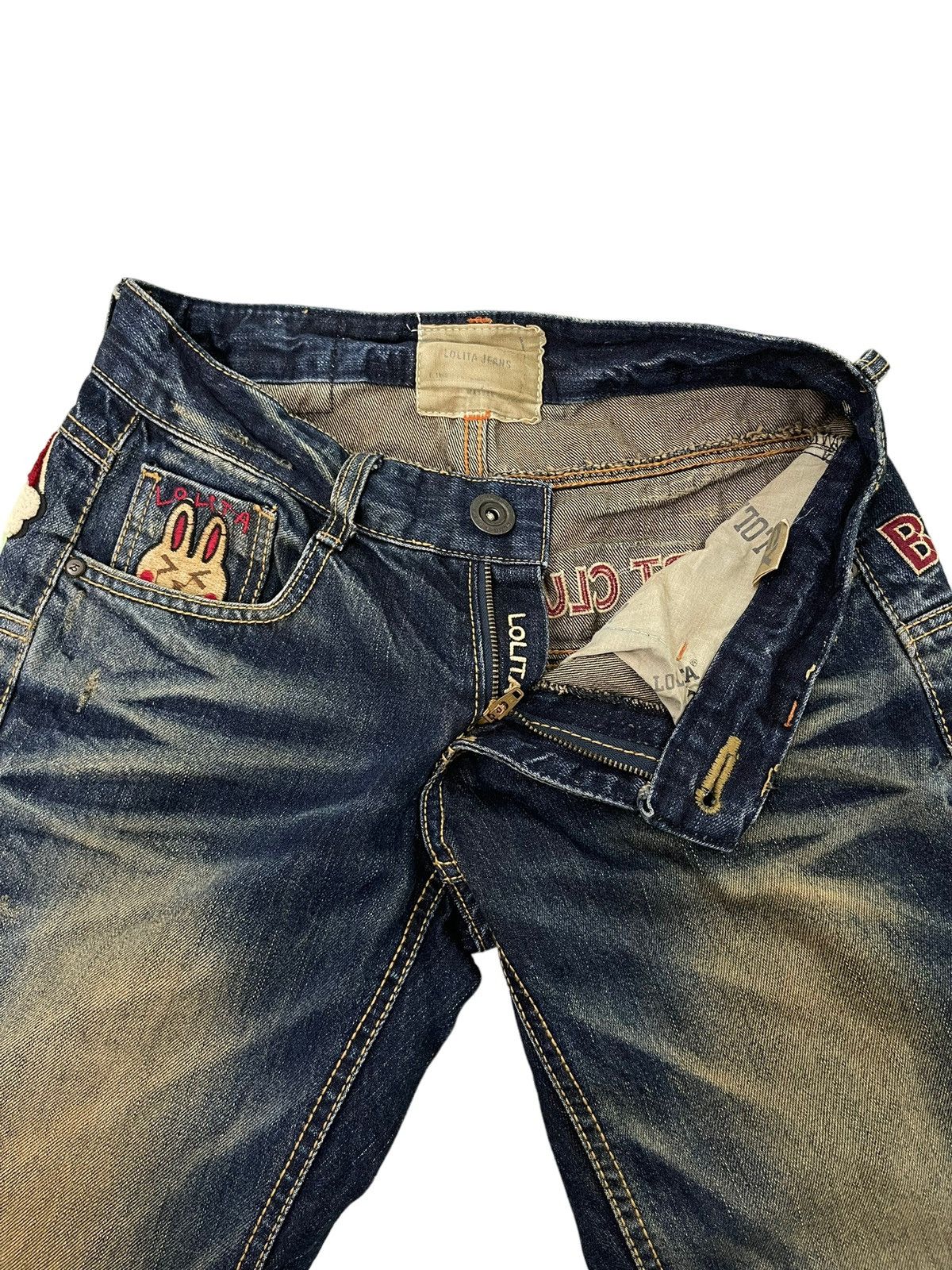 Japanese Brand Slim Jeans Lolita Distress Denim Embroydery 5🟦6 Size US 29 - 22 Thumbnail