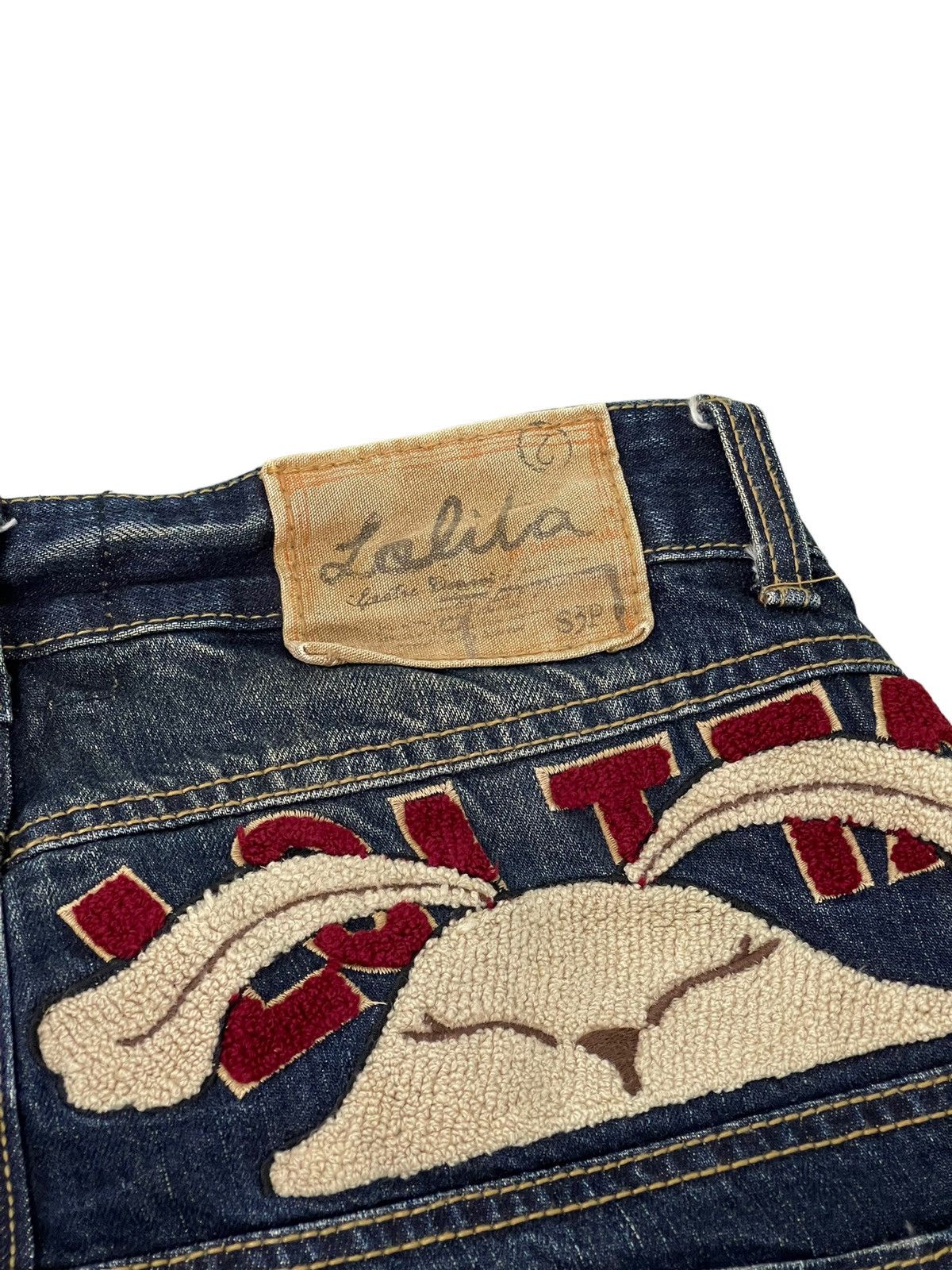 Japanese Brand Slim Jeans Lolita Distress Denim Embroydery 5🟦6 Size US 29 - 10 Thumbnail
