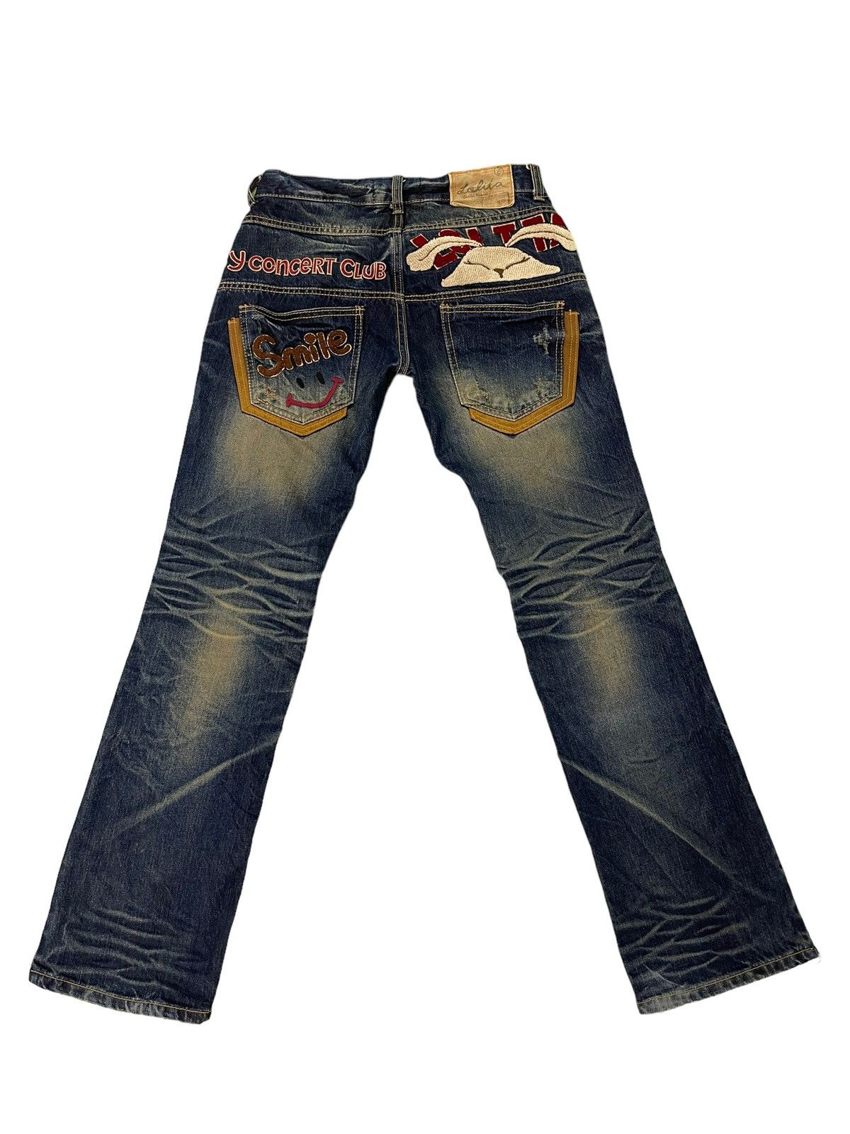 Japanese Brand Slim Jeans Lolita Distress Denim Embroydery 5🟦6 Size US 29 - 2 Thumbnail
