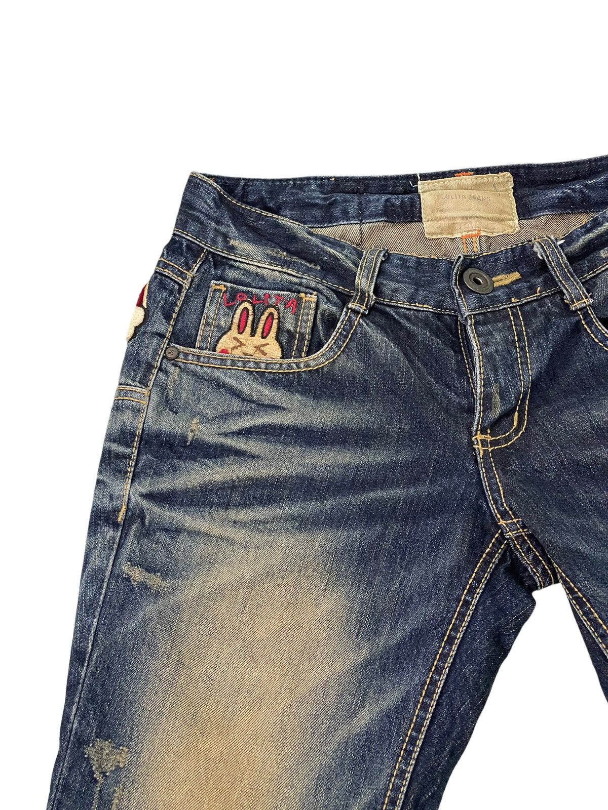Japanese Brand Slim Jeans Lolita Distress Denim Embroydery 5🟦6 Size US 29 - 19 Thumbnail