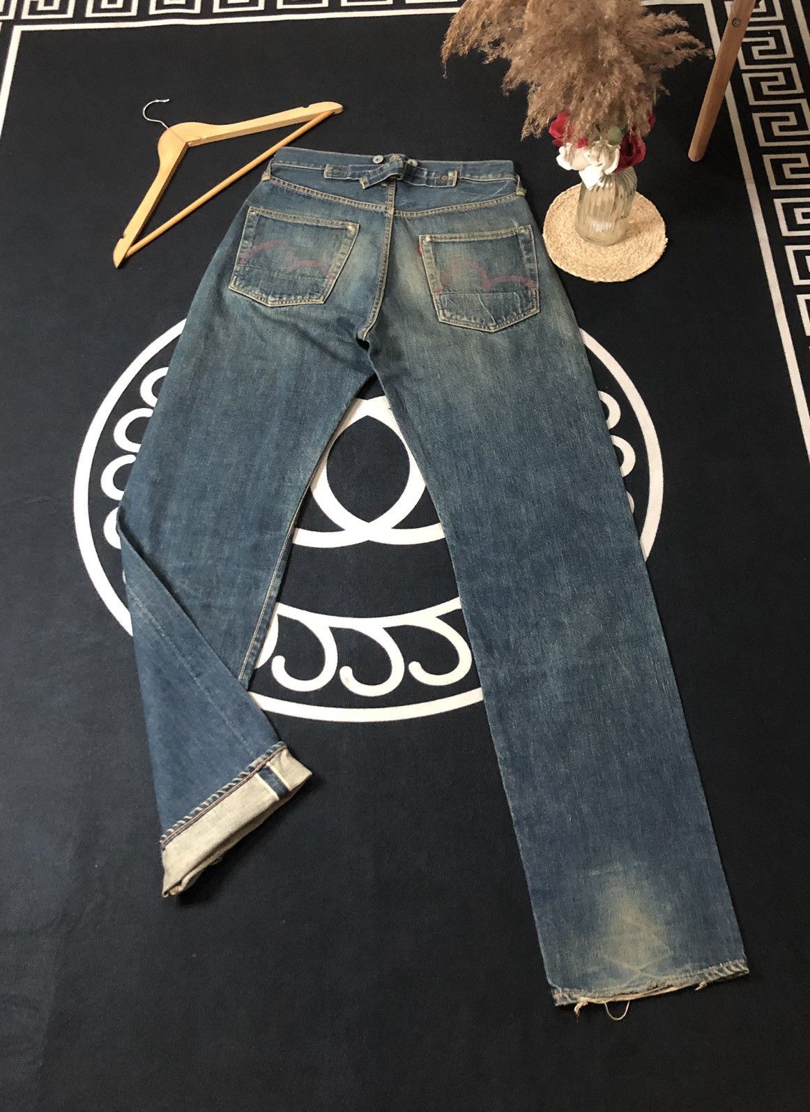 Image of Distressed Denim x Evisu Vintage Evis/evisu Buckle Back Selvedge Distresed Denim Jean in Blue (Size