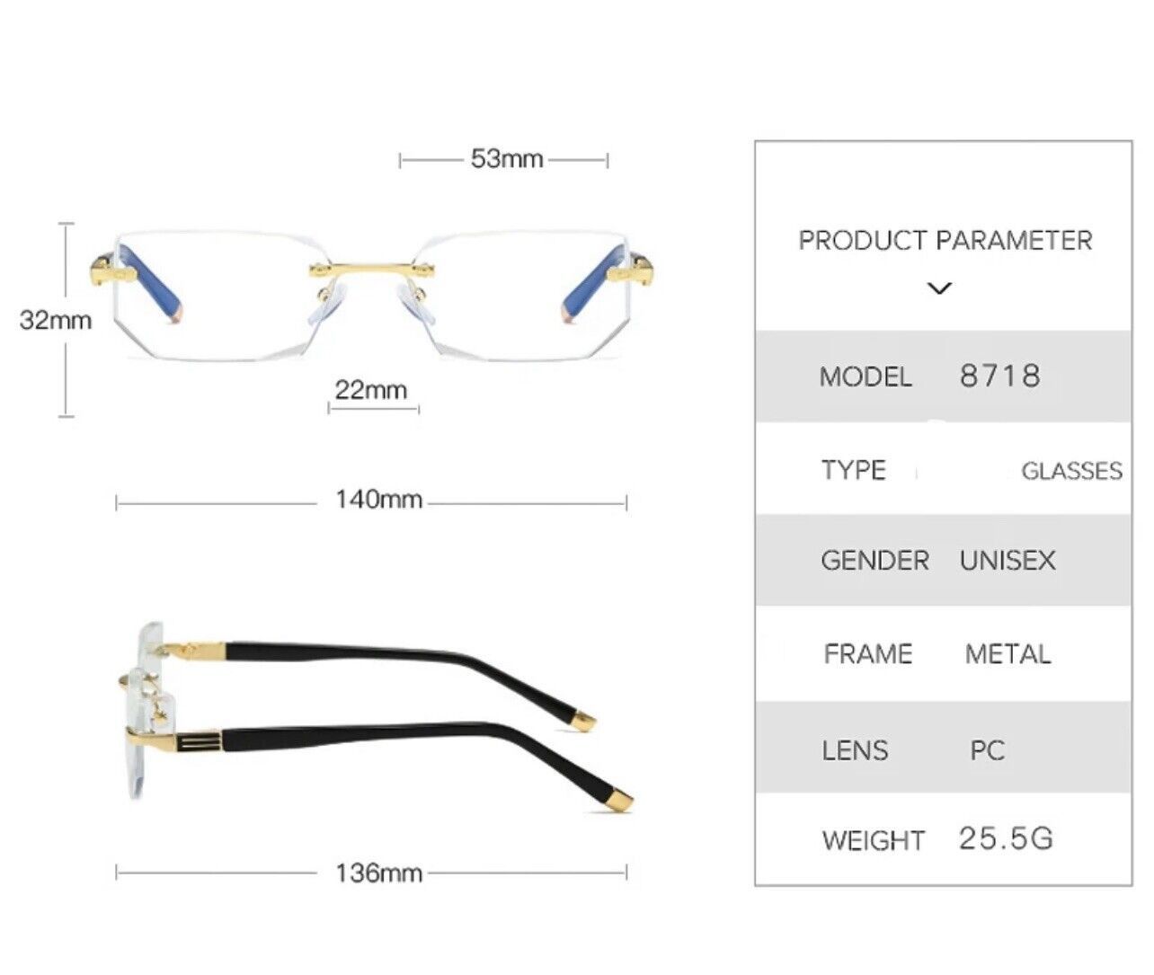 Other Mens Eye Glasses Clear Lens Rimless Small Reflective Square Size ONE SIZE - 10 Thumbnail
