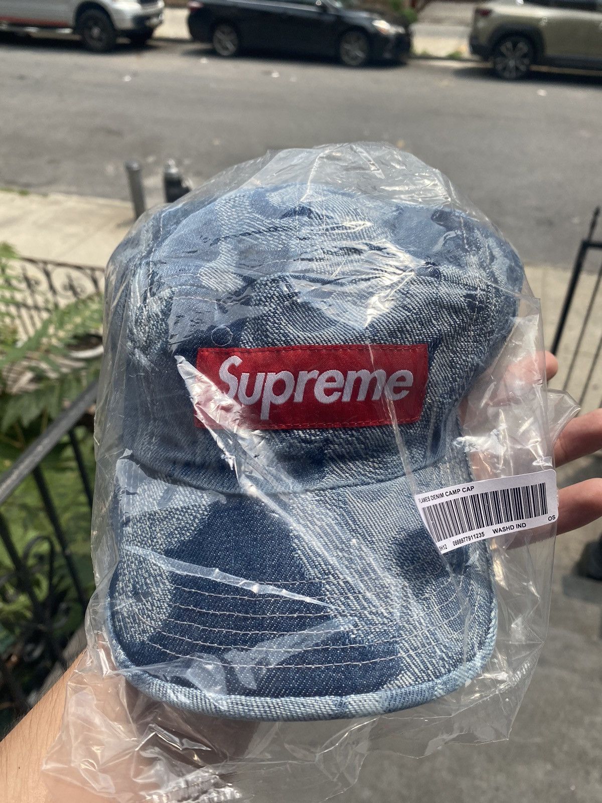 Supreme Flames Jacquard Denim Camp Cap Washed Indigo