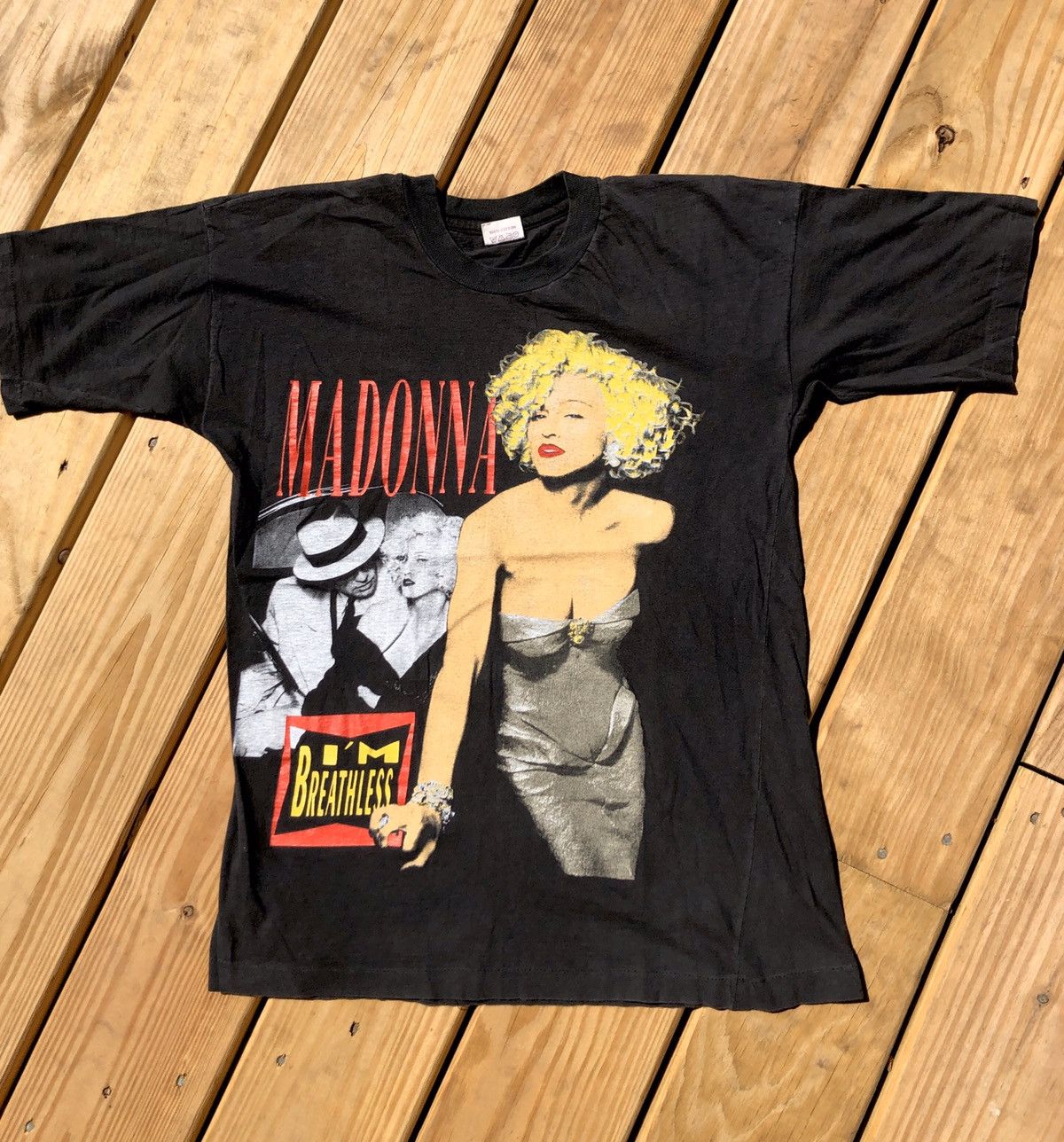 Image of Tour Tee x Vintage Madonna 1990 Breathless Italian Shirt Rap Bootleg in Black, Men's (Size Small)