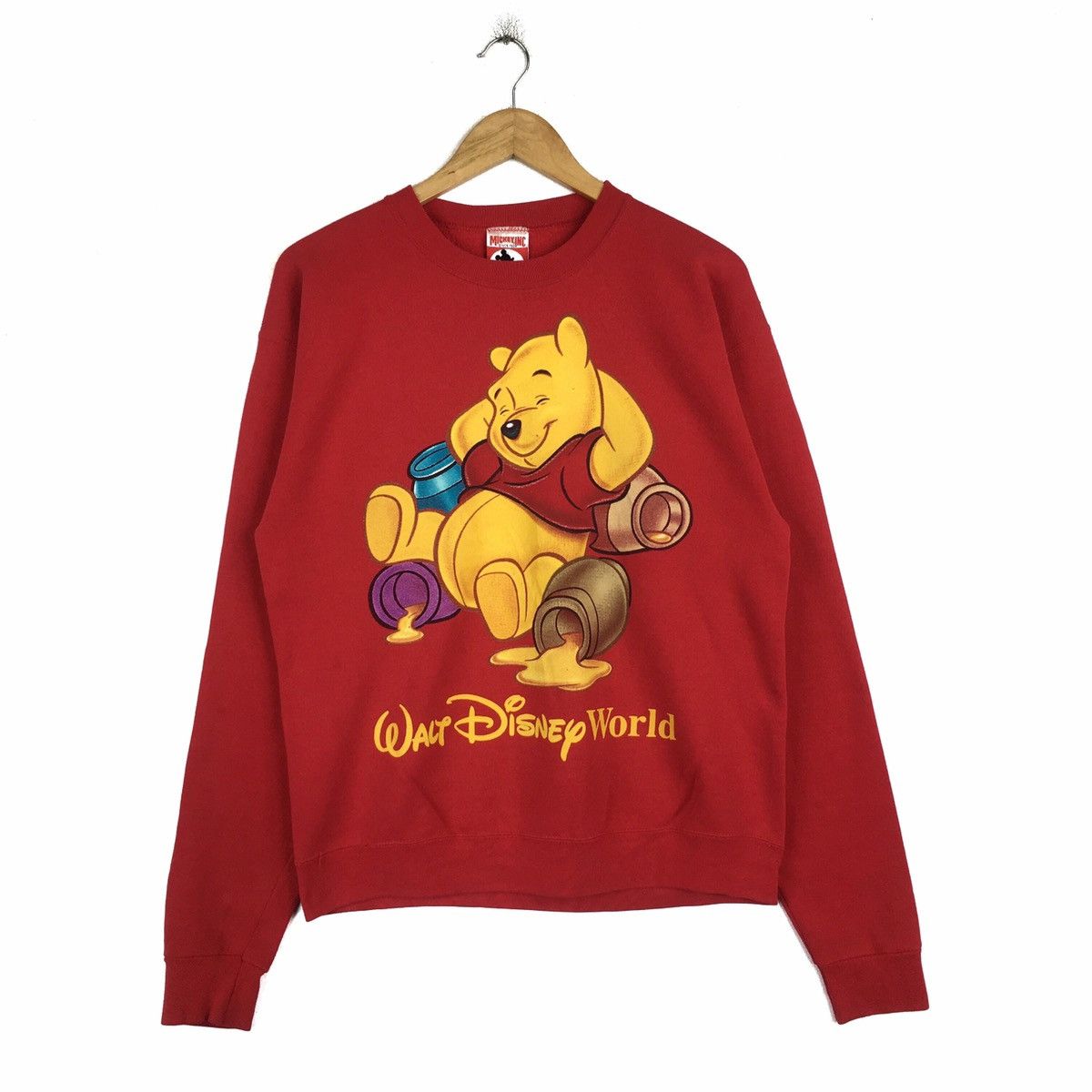 image of Cartoon Network x Disney Vintage Winnie The Pooh Cartoon Disney Sweatshirts Pullover in Red (Size S