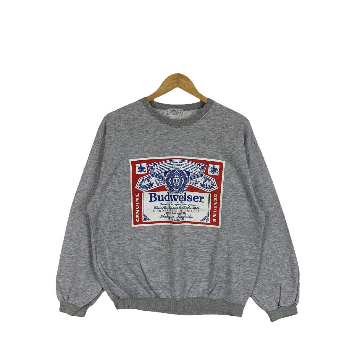 image of Budweiser Crewneck Sweatshirt Pullover Jumper in Grey, Men's (Size Medium)