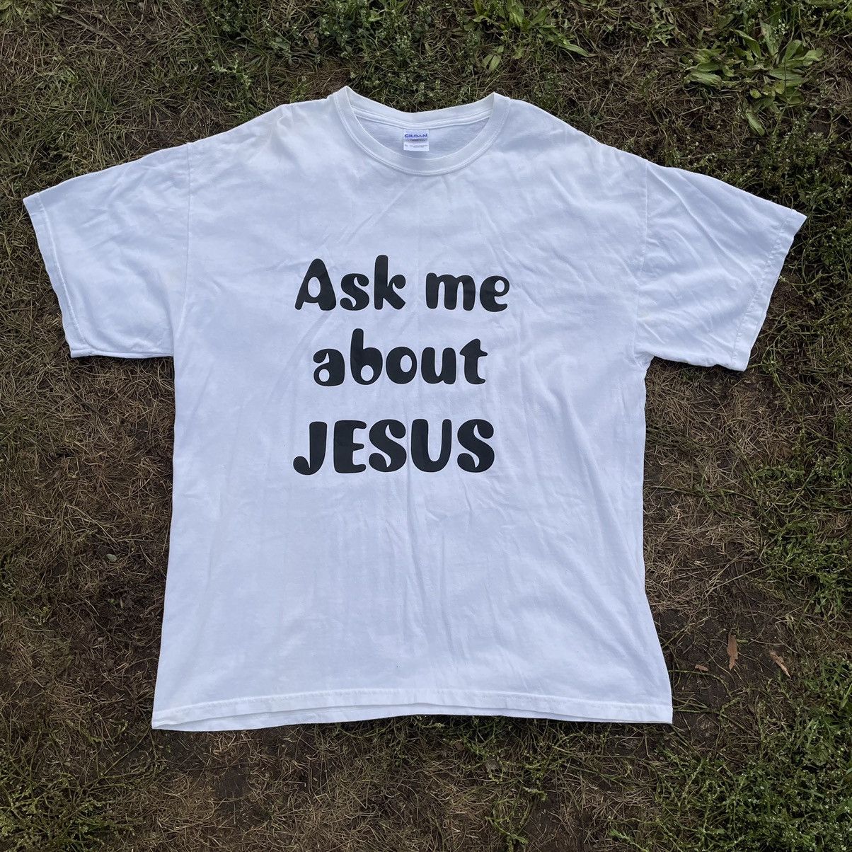 Vintage Y2K Ask Me About God Jesus Satan Religion Tee 90s