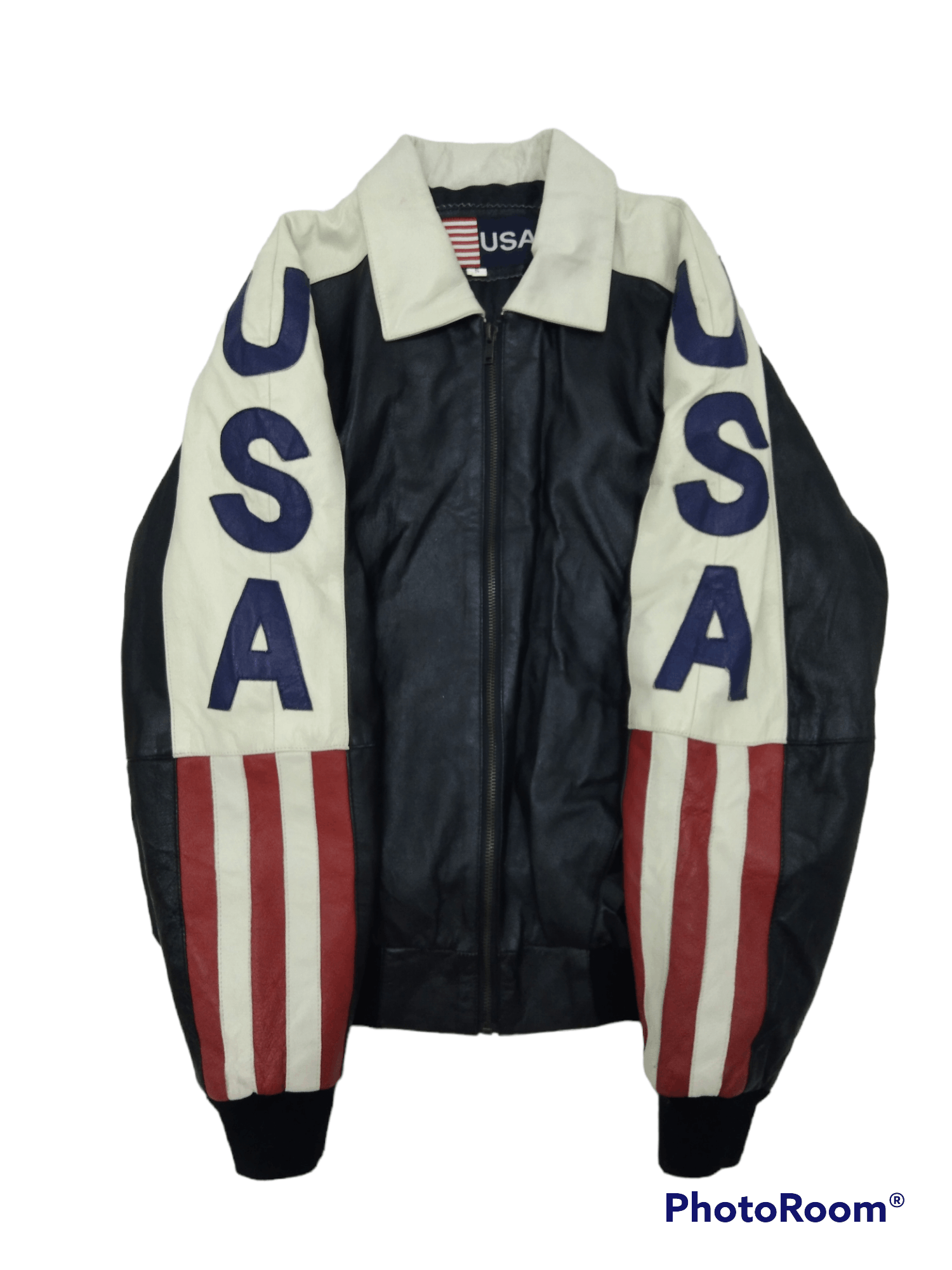 Leather BOMBER JACKET LEATHER USA SPELLOUT AMERICAN FLAG Size US S / EU 44-46 / 1 - 2 Thumbnail