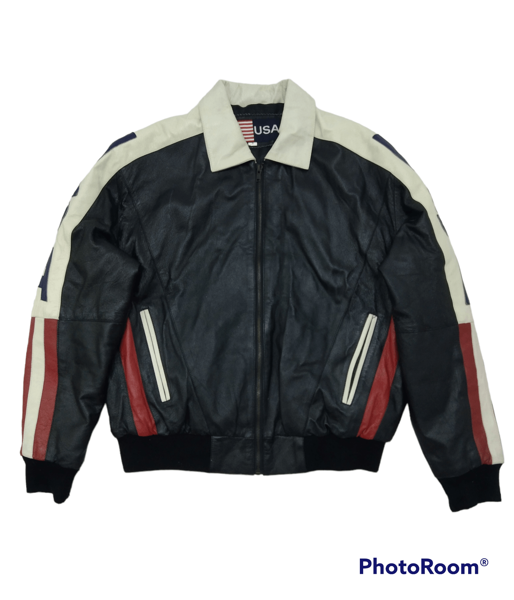 Leather BOMBER JACKET LEATHER USA SPELLOUT AMERICAN FLAG Size US S / EU 44-46 / 1 - 8 Thumbnail