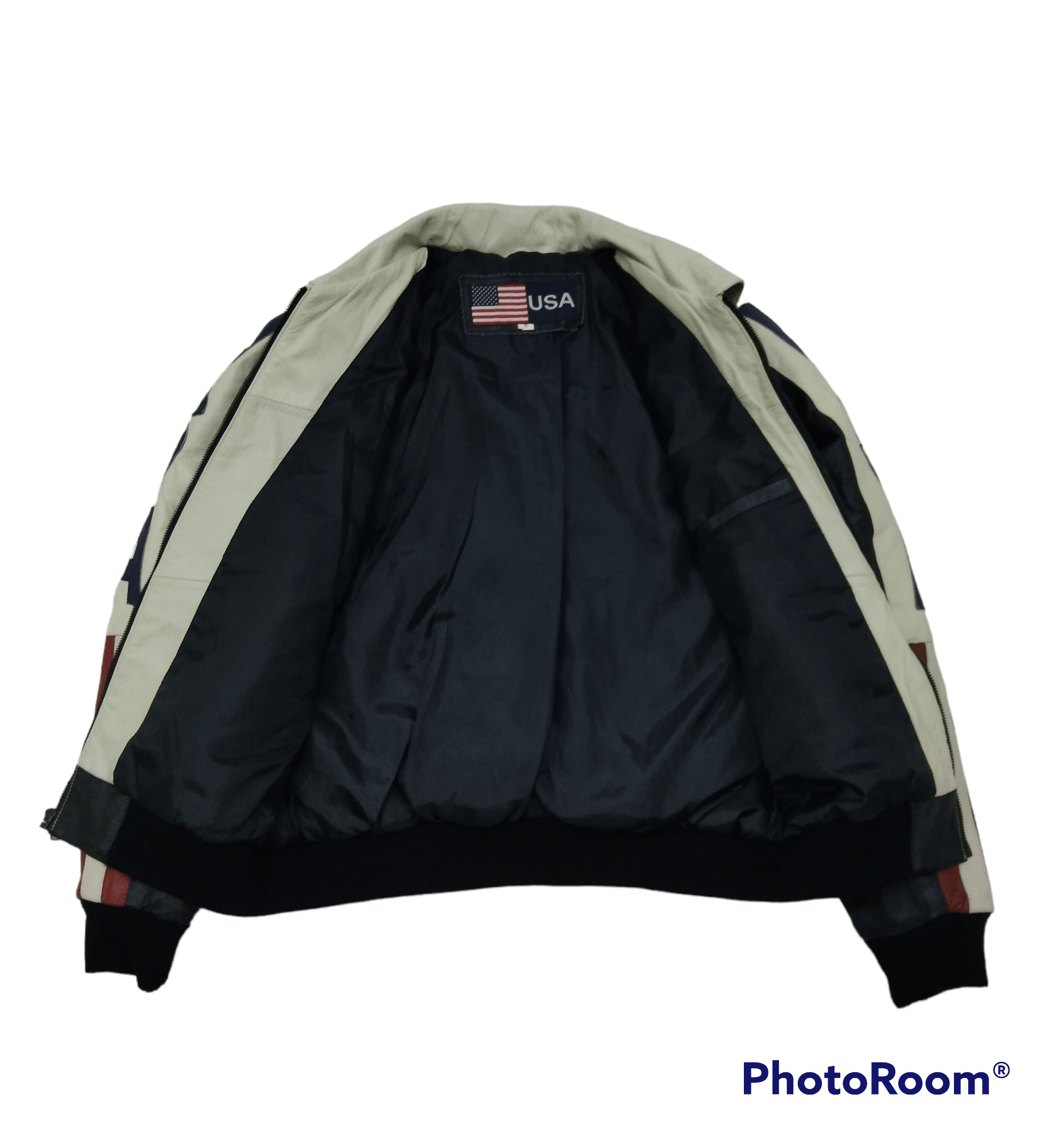 Leather BOMBER JACKET LEATHER USA SPELLOUT AMERICAN FLAG Size US S / EU 44-46 / 1 - 3 Thumbnail