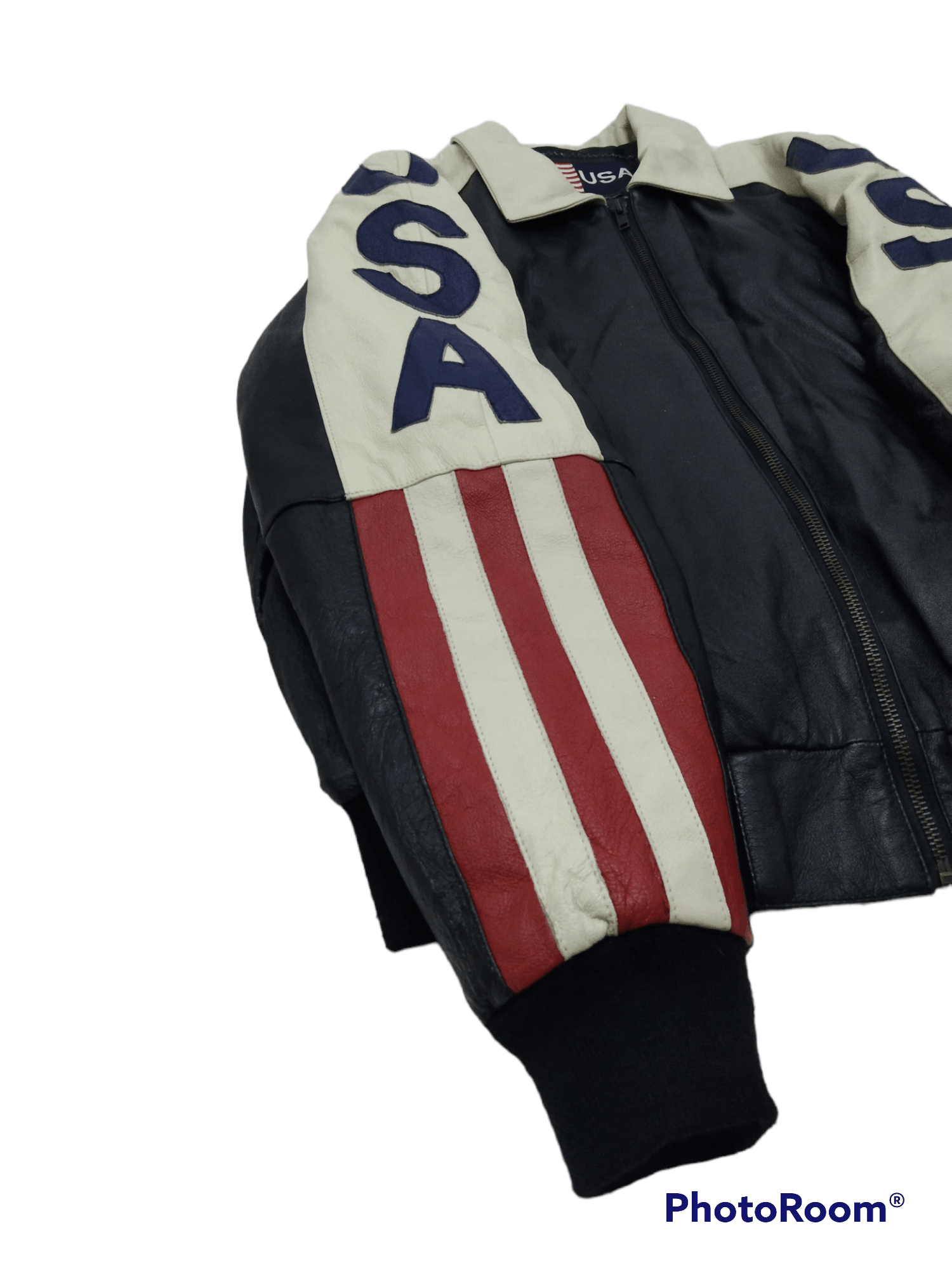 Leather BOMBER JACKET LEATHER USA SPELLOUT AMERICAN FLAG Size US S / EU 44-46 / 1 - 5 Thumbnail