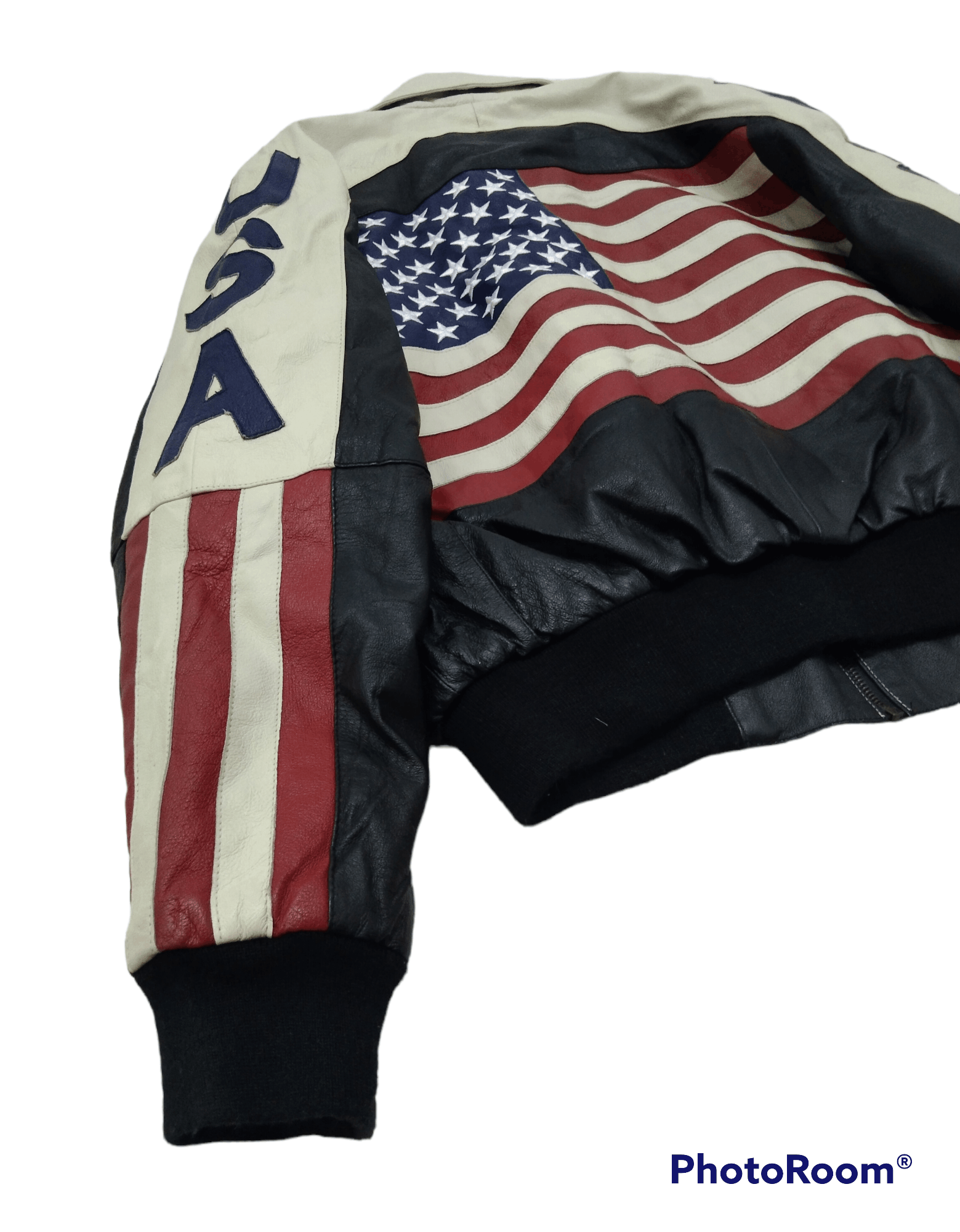 Leather BOMBER JACKET LEATHER USA SPELLOUT AMERICAN FLAG Size US S / EU 44-46 / 1 - 4 Thumbnail