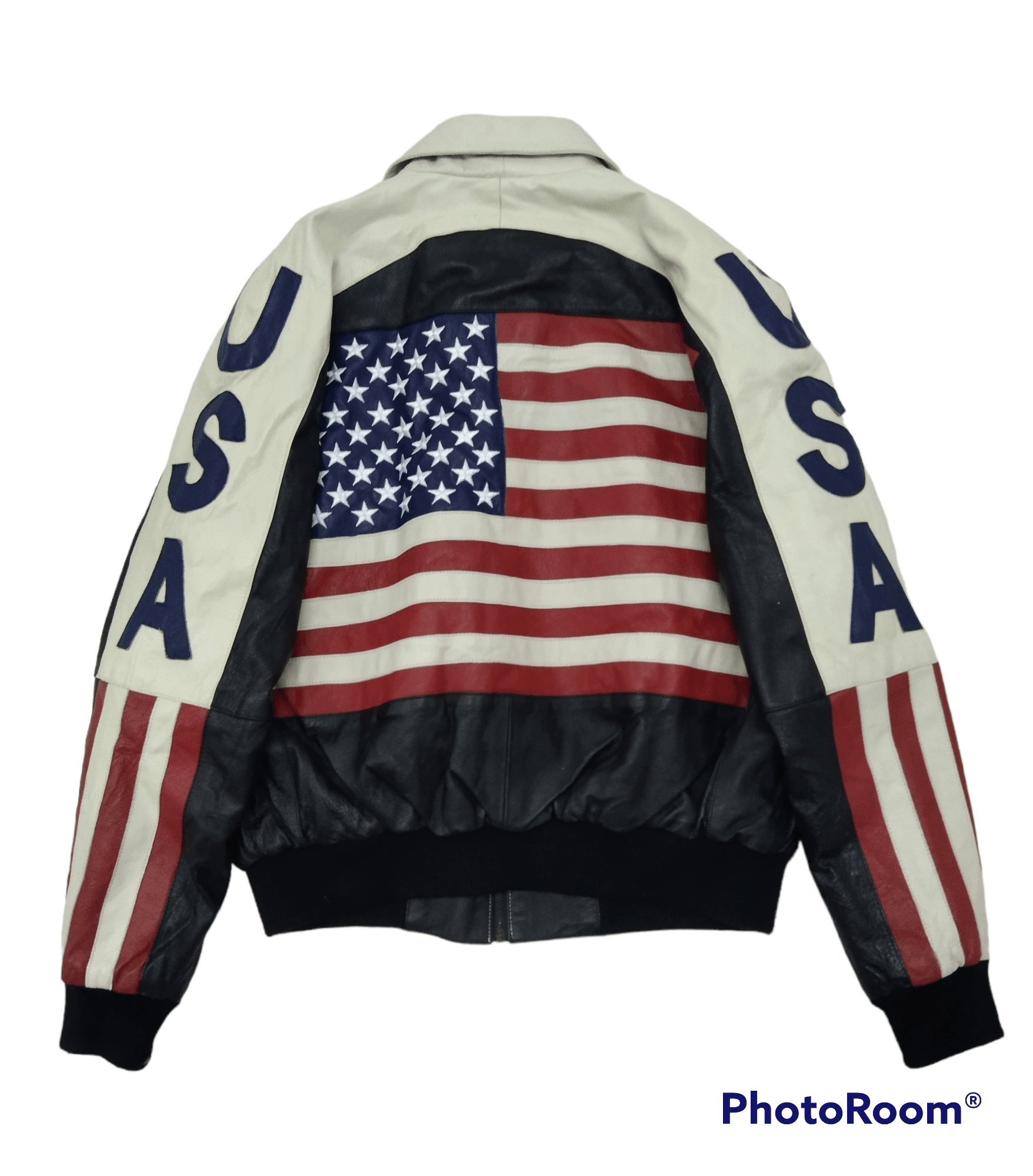 Leather BOMBER JACKET LEATHER USA SPELLOUT AMERICAN FLAG Size US S / EU 44-46 / 1 - 1 Thumbnail