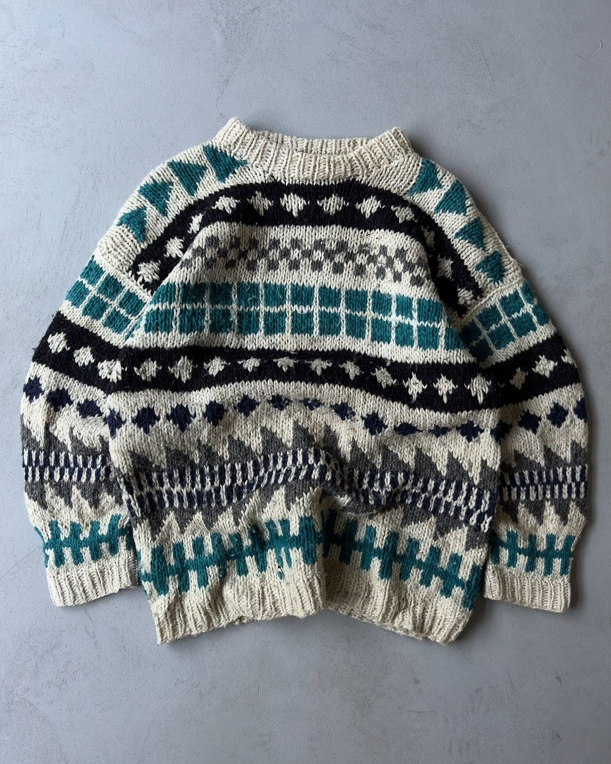 1980 VTG Cream/Teal Wool Sweater - L