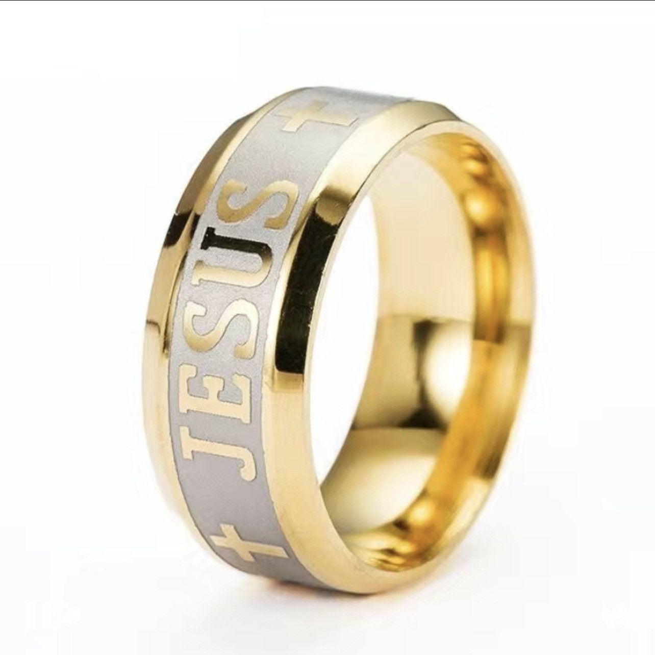 Other New Stainless Steel Jesus GoldTone Band Ring Christian Cross Size ONE SIZE - 1 Thumbnail