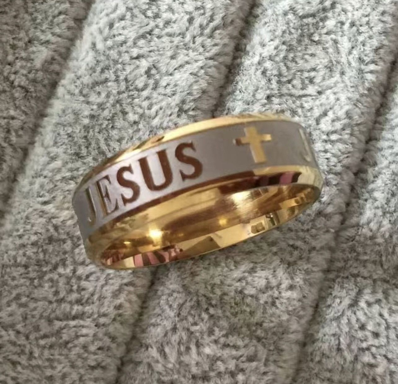 Other New Stainless Steel Jesus GoldTone Band Ring Christian Cross Size ONE SIZE - 2 Thumbnail
