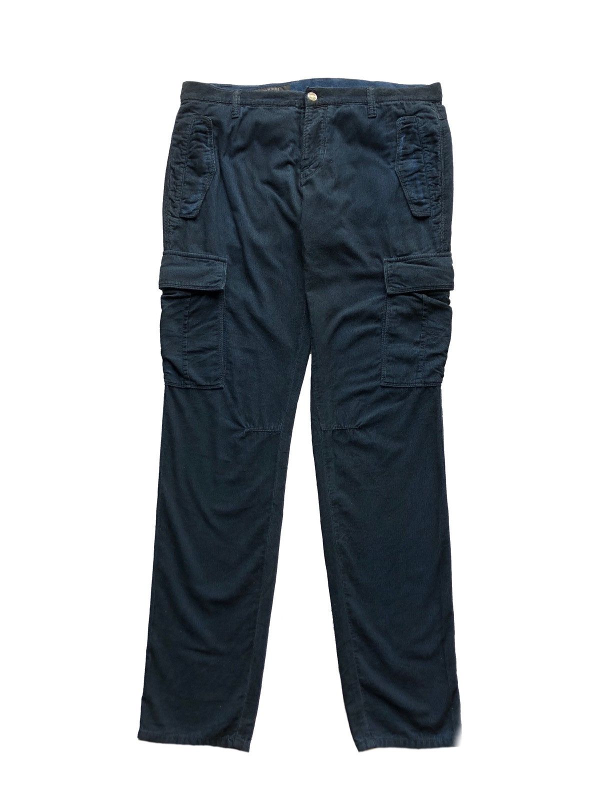 Image of 2000S Gucci Corduroy 6 Pocket Cargo Trousers in Navy, Men's (Size 36)