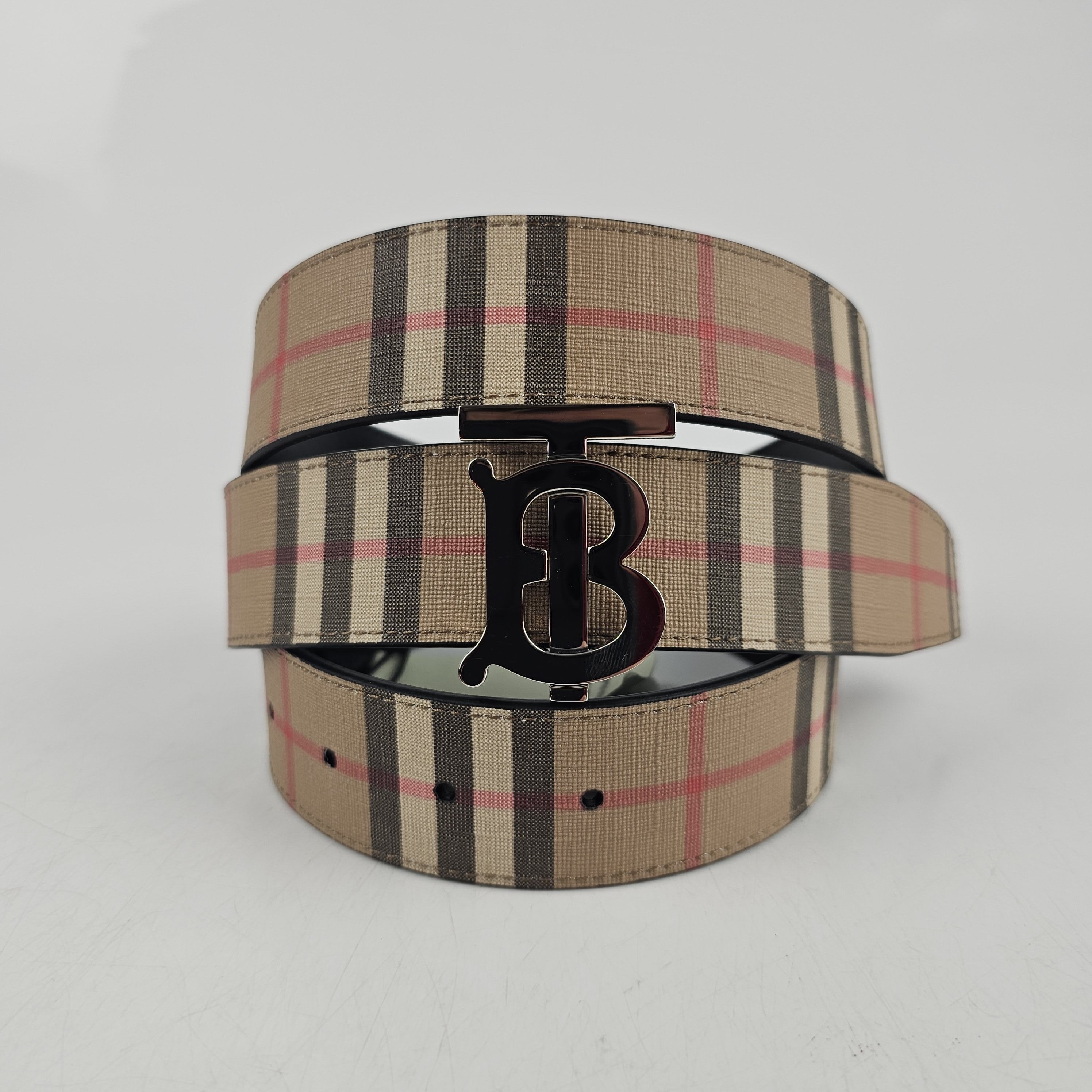 image of Burberry Tb Men's Beige Checkered Belt Size 90Cm New