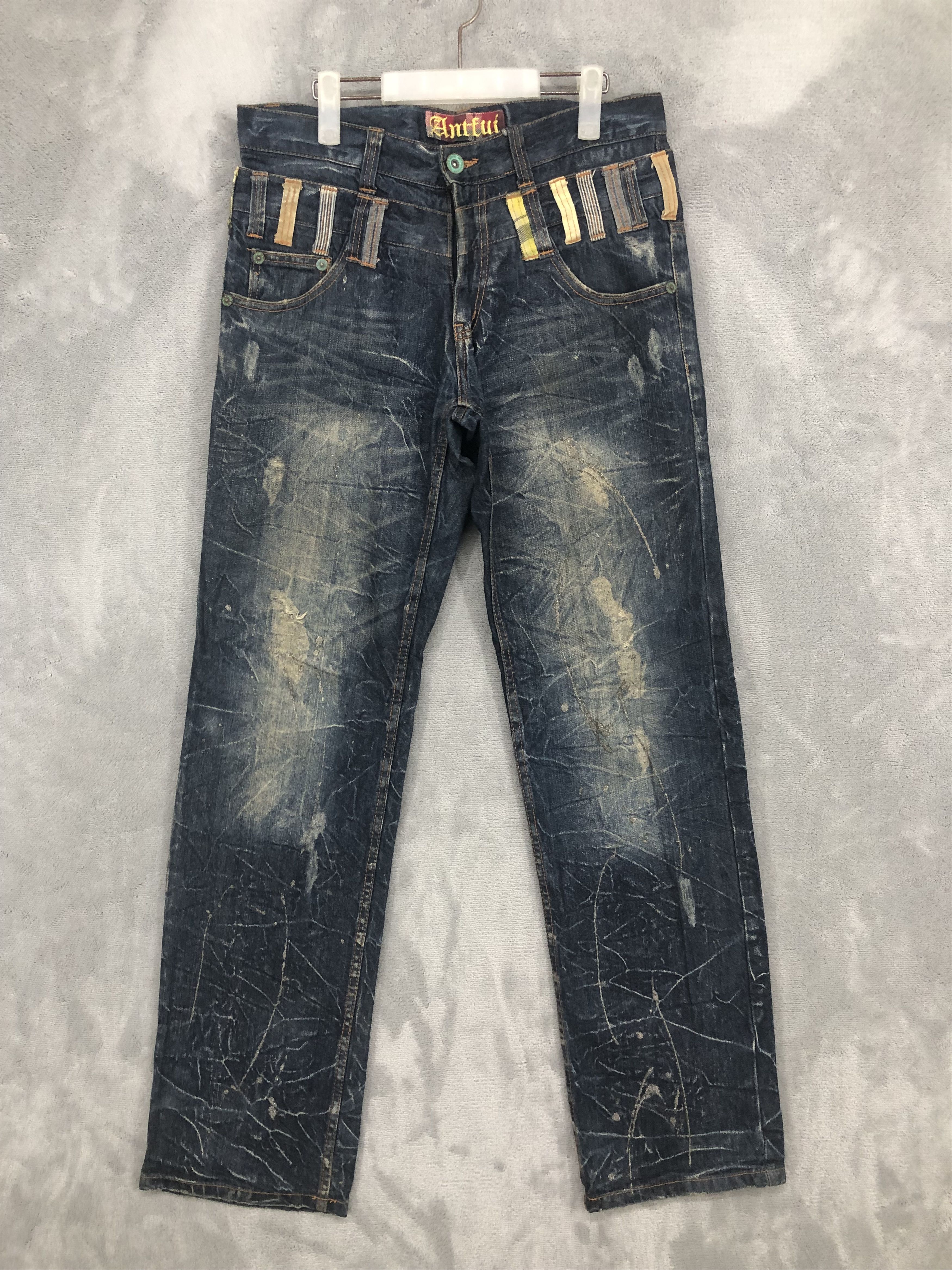 image of Antfui Double Waist Blue Wash Distressed Denim Jean, Men's (Size 32)