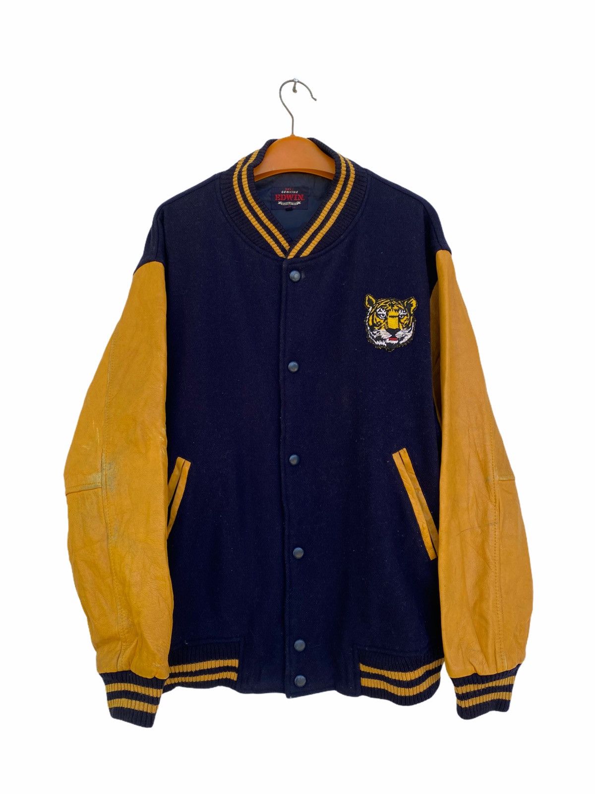🔥Vintage Edwin Tiger Patch Varsity Jacket Leather