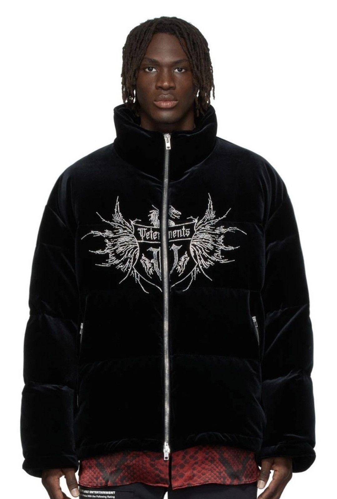 image of Vetements “”, Oversized Down Velvet Crystal Logo Jacket in Black, Men's (Size Medium)