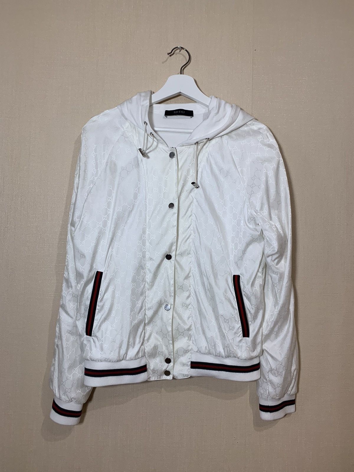 image of Gucci Monogram GG Hooded Light Jacket in White, Men's (Size XS)