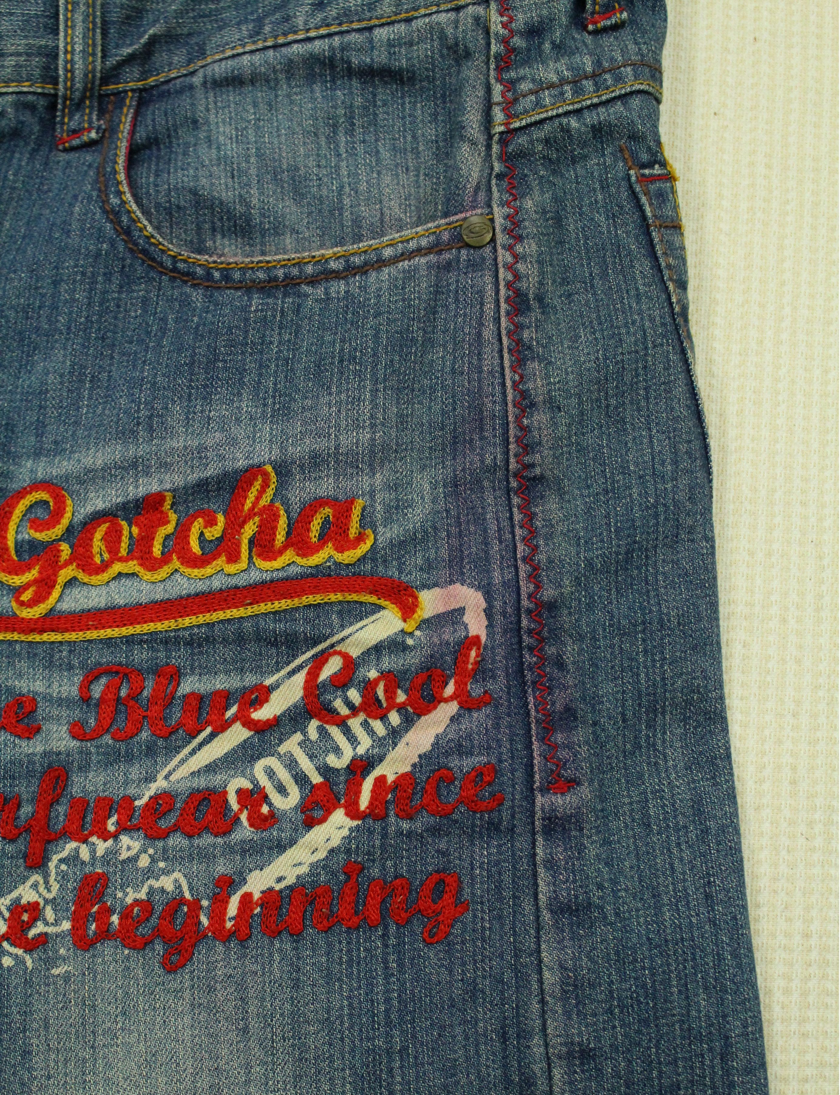 Ed Hardy × Gotcha × JNCO GOTCHA Pants Denim Embroidered Big Logo Surf Style Size US 35 - 21 Thumbnail